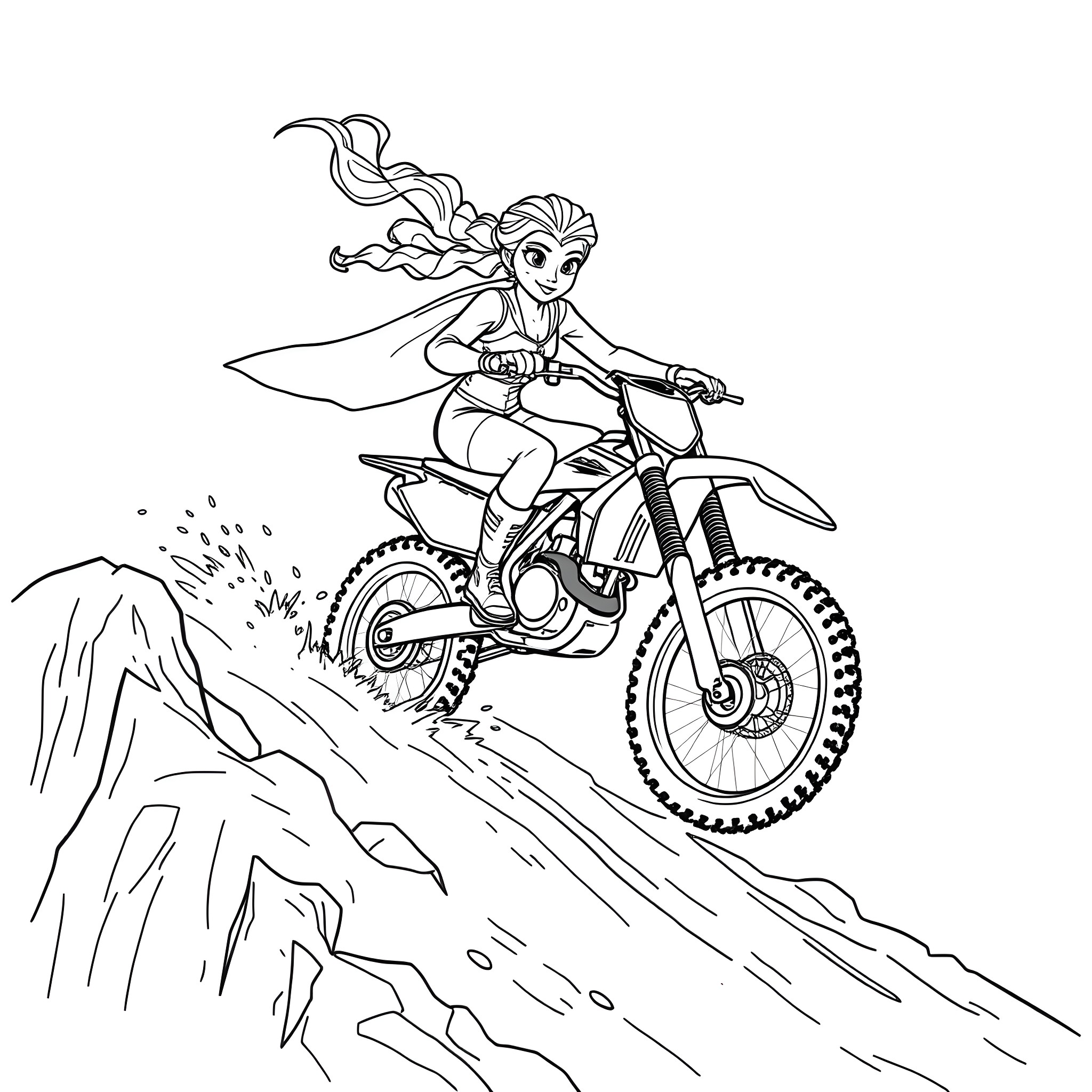 Elsa riding a dirt bike through the mountains Coloring Page (free black-and-white line drawing printable PDF for all, from beginners to advanced learners, including children, teens, adults, and seniors)