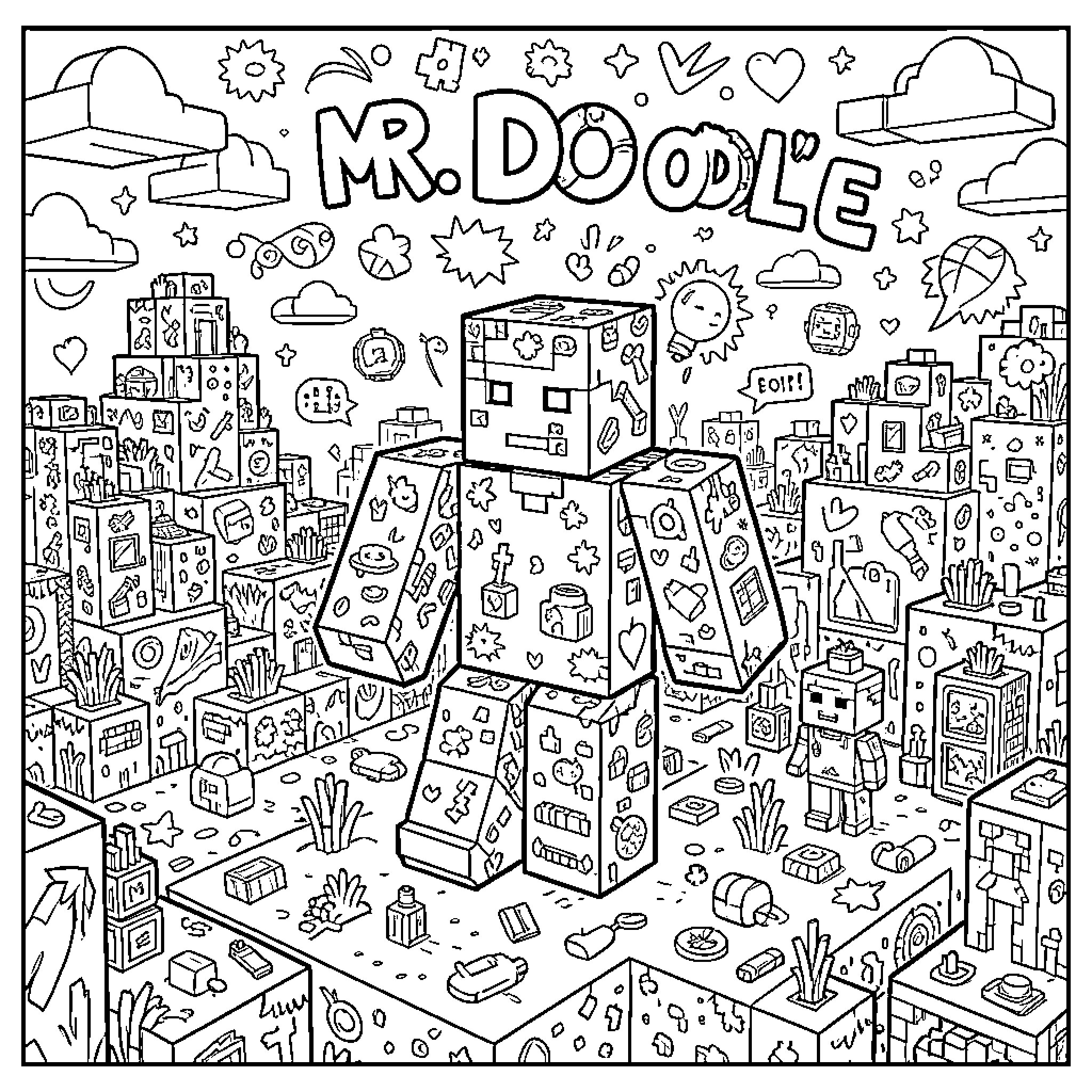 Minecraft Mr. Doodle world of playful characters Coloring Page (free black-and-white line drawing printable PDF for all, from beginners to advanced learners, including children, teens, adults, and seniors)