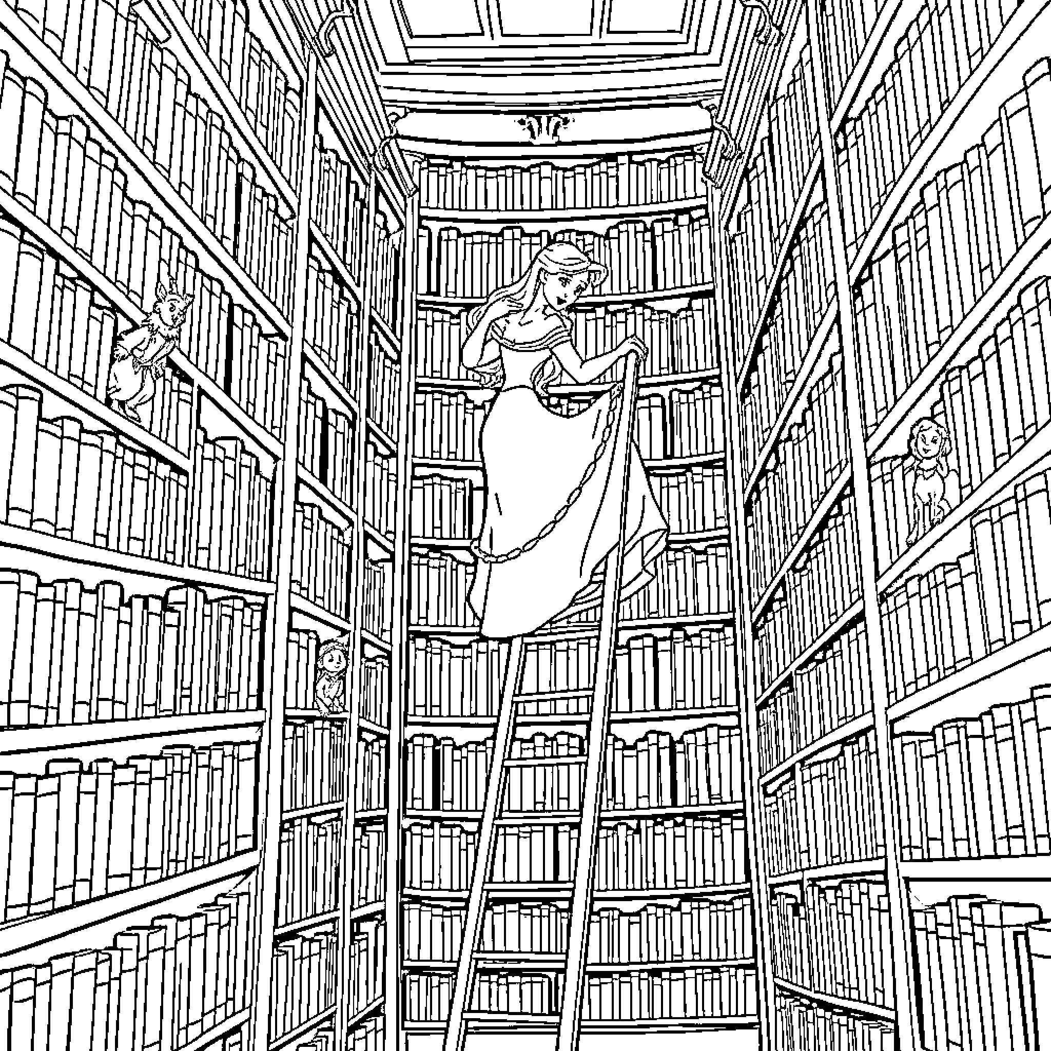 Belle exploring the enchanted library Coloring Page (free black-and-white line drawing printable PDF for all, from beginners to advanced learners, including children, teens, adults, and seniors)