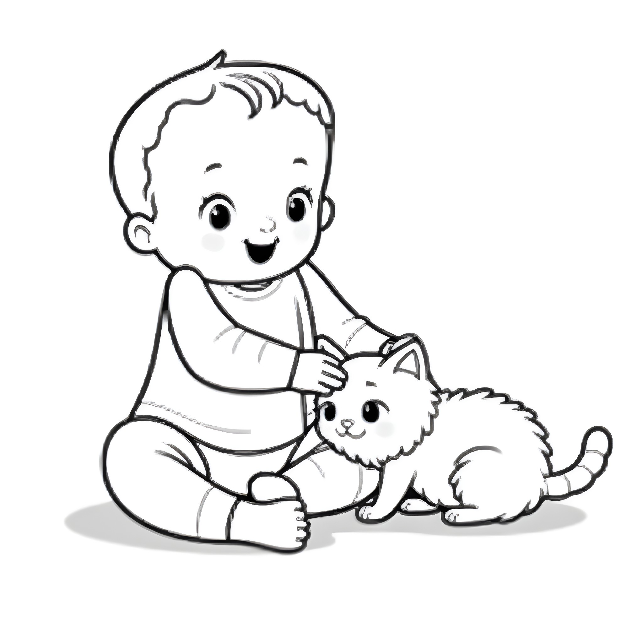 Baby playing happily with a cute kitten Coloring Page (free black-and-white line drawing printable PDF for all, from beginners to advanced learners, including children, teens, adults, and seniors)