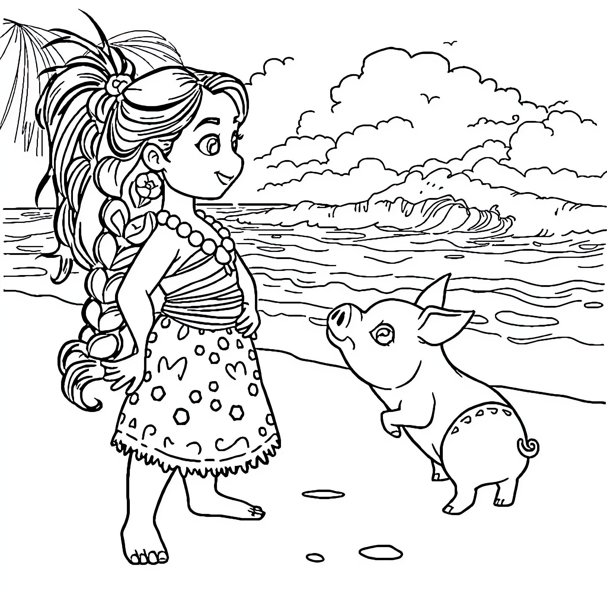 Moana exploring the beach with her pet pig Coloring Page (free black-and-white line drawing printable PDF for all, from beginners to advanced learners, including children, teens, adults, and seniors)