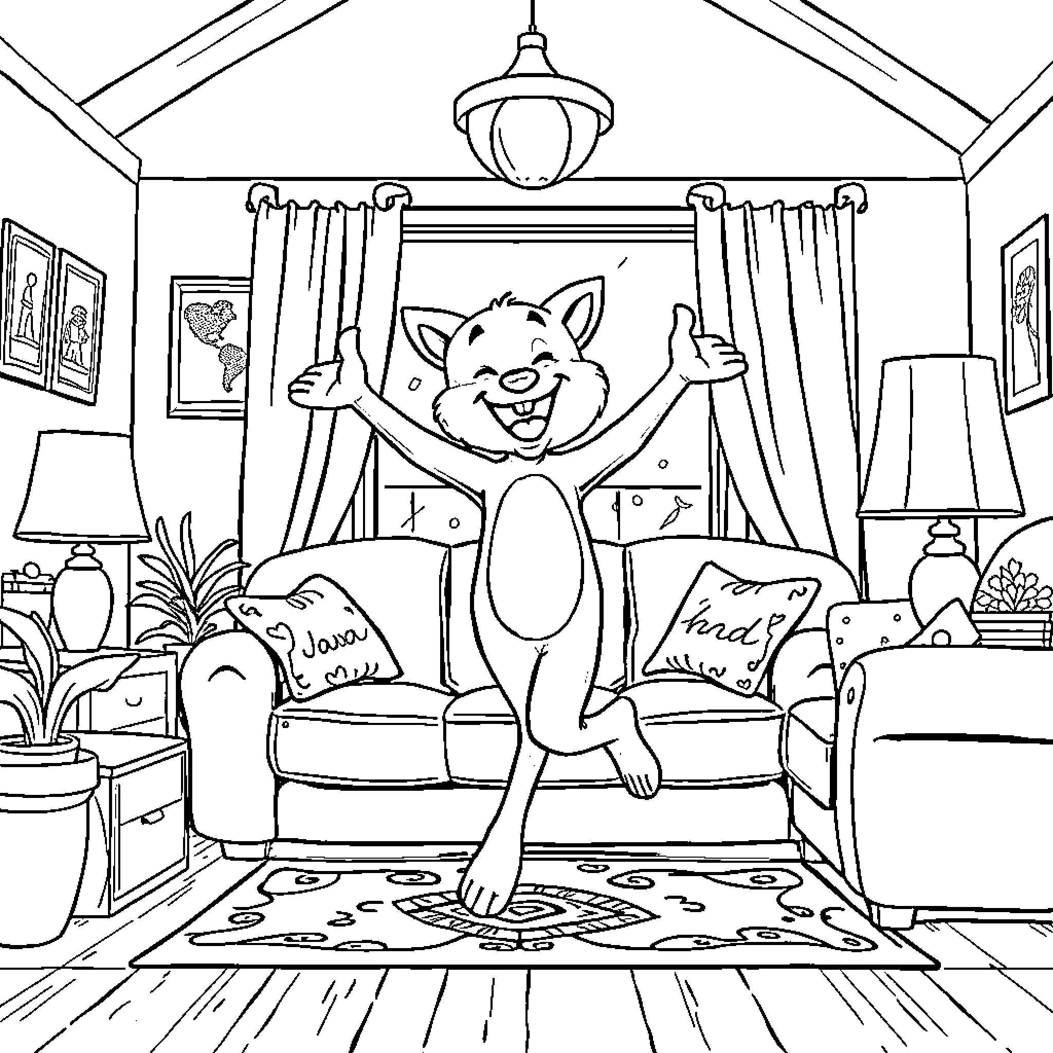 Bluey Enjoying Indoor Play and Activities Coloring Page (free black-and-white line drawing printable PDF for all, from beginners to advanced learners, including children, teens, adults, and seniors)