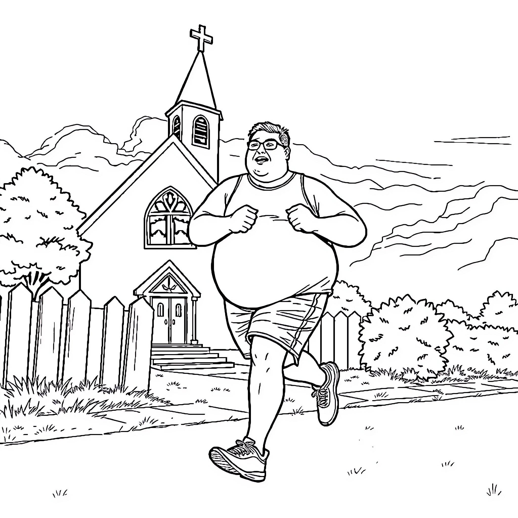 Guy jogging past a church in the countryside Coloring Page (free black-and-white line drawing printable PDF for all, from beginners to advanced learners, including children, teens, adults, and seniors)