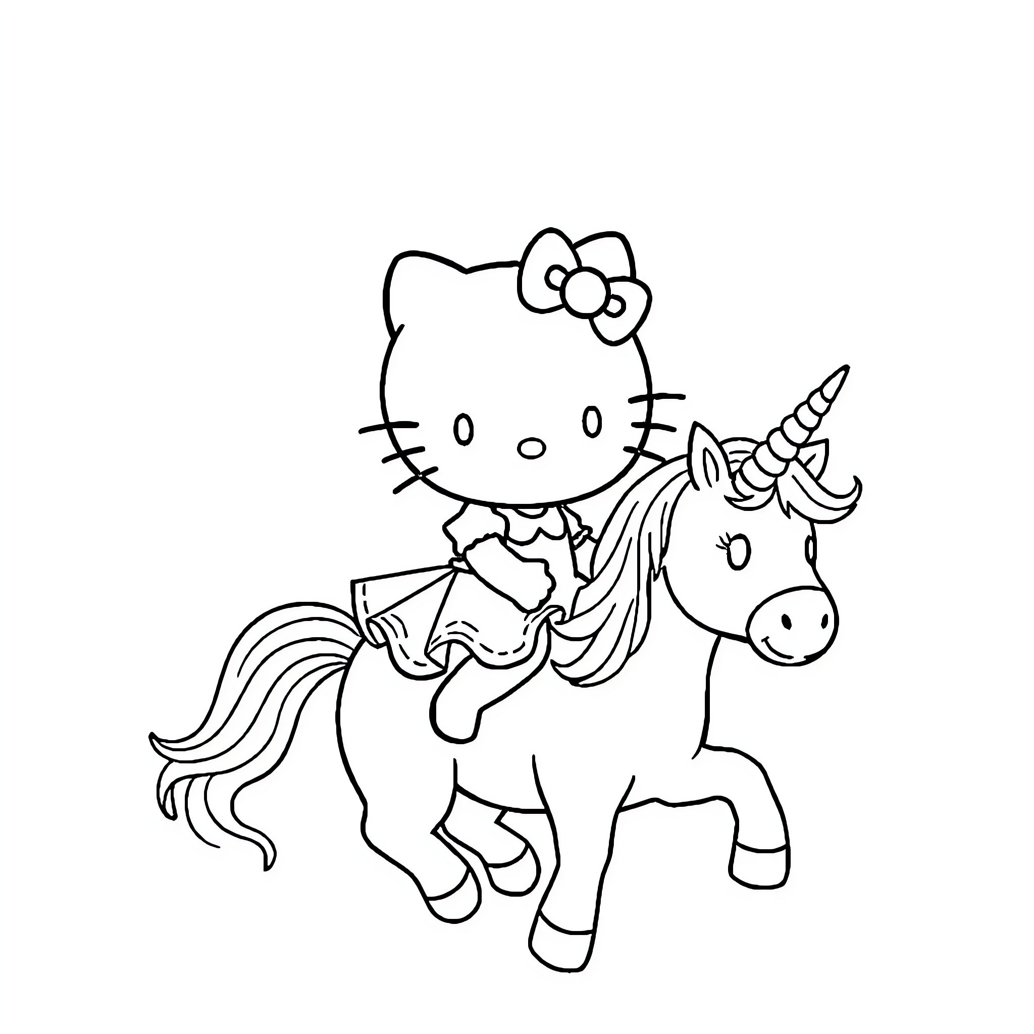 Hello Kitty riding a magical unicorn Coloring Page (free black-and-white line drawing printable PDF for all, from beginners to advanced learners, including children, teens, adults, and seniors)