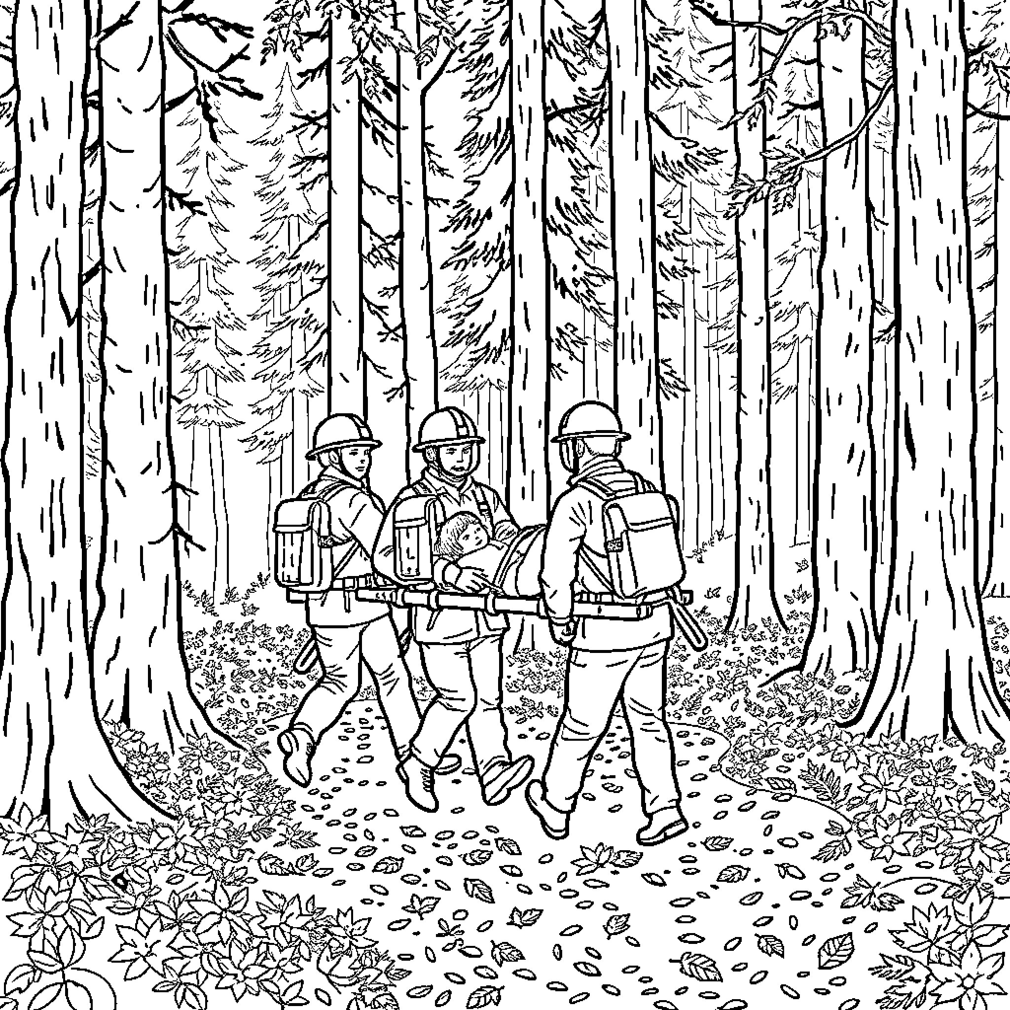Rescue Technicians Searching in Forested Area Coloring Page (free black-and-white line drawing printable PDF for all, from beginners to advanced learners, including children, teens, adults, and seniors)
