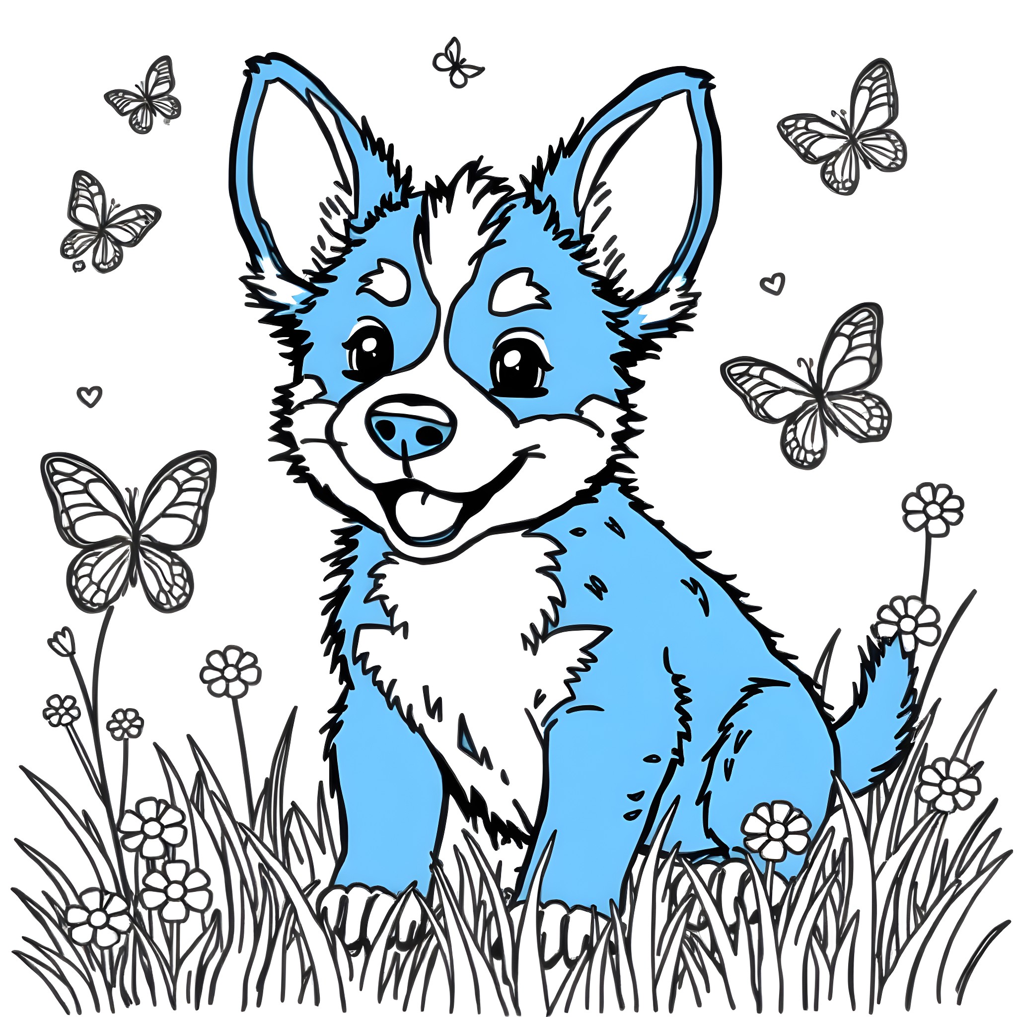 Bluey playing happily with butterflies in the meadow Coloring Page (free black-and-white line drawing printable PDF for all, from beginners to advanced learners, including children, teens, adults, and seniors)