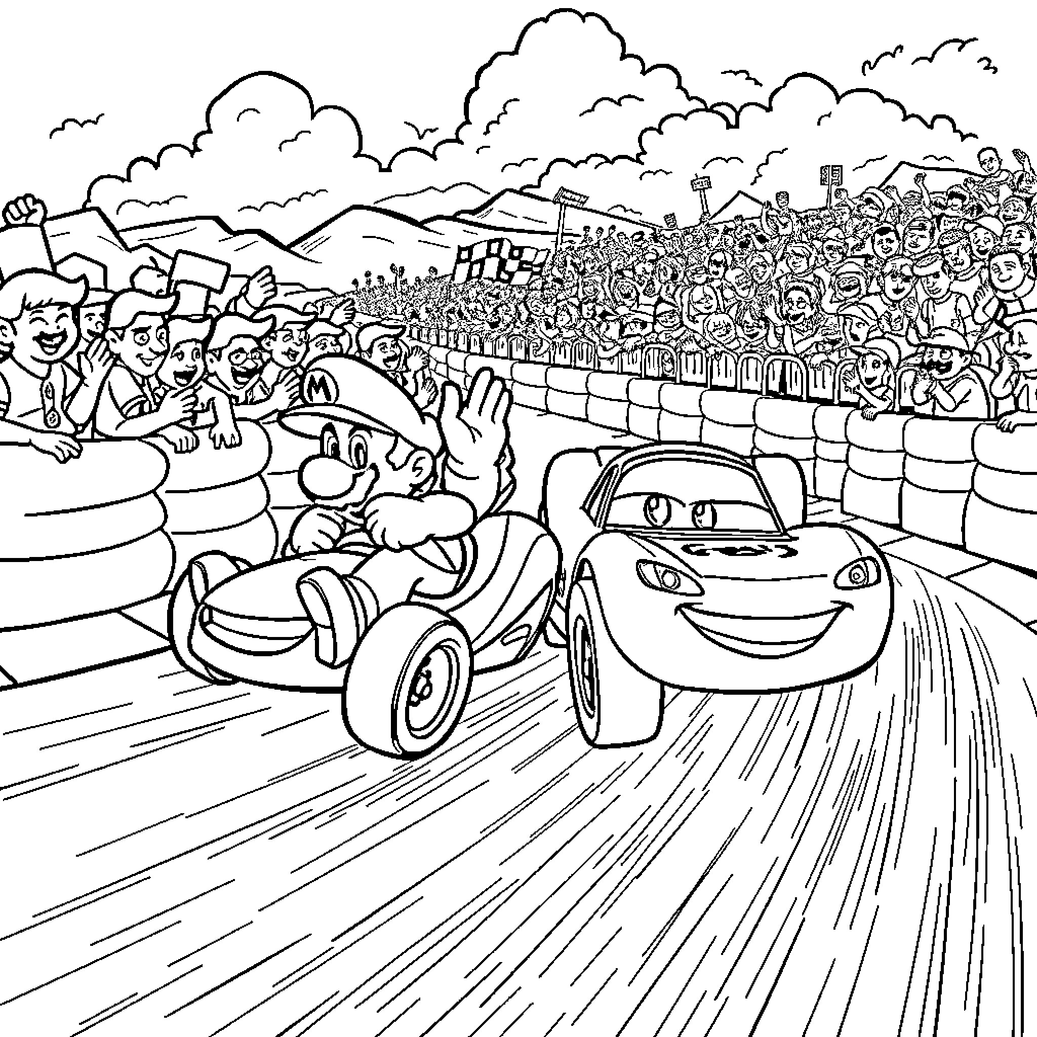 Mario and friends racing through a crowded stadium Coloring Page (free black-and-white line drawing printable PDF for all, from beginners to advanced learners, including children, teens, adults, and seniors)