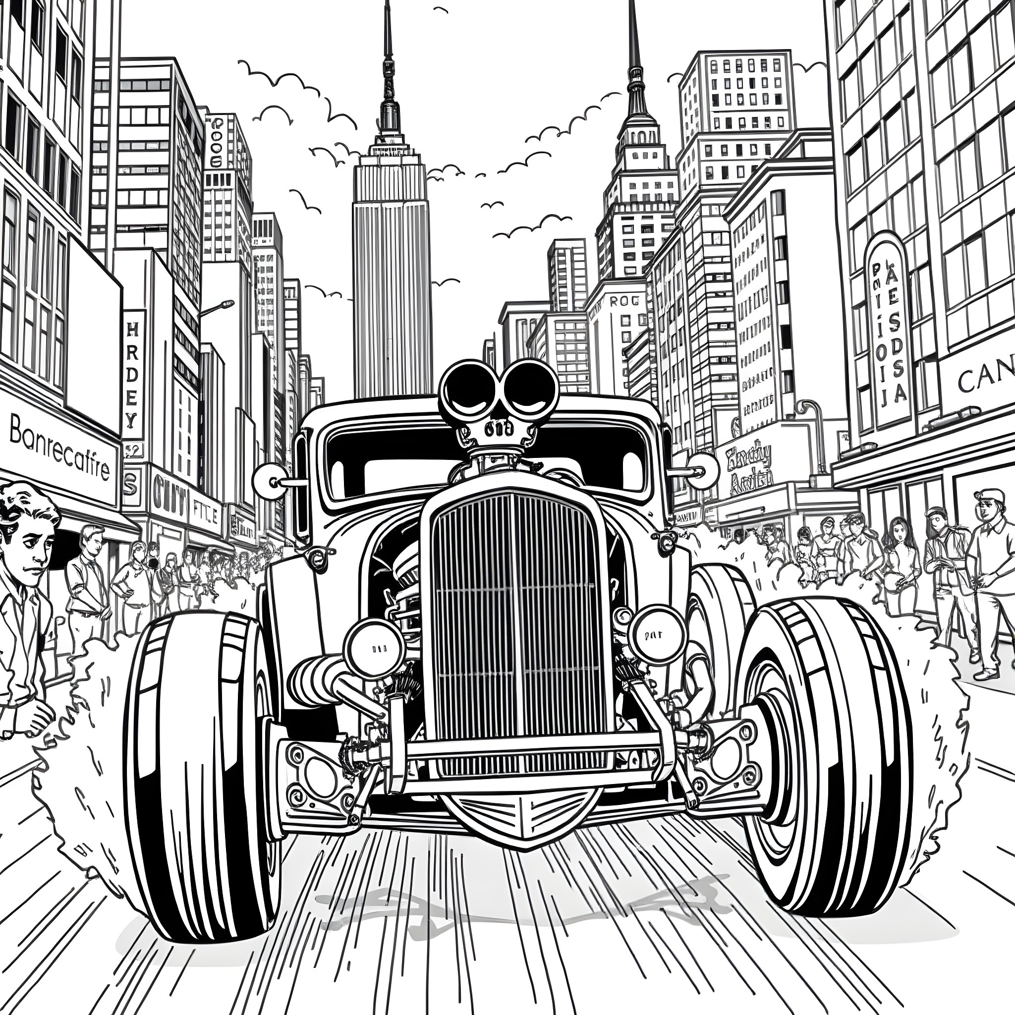 Hot Wheels rods racing through a bustling city Coloring Page (free black-and-white line drawing printable PDF for all, from beginners to advanced learners, including children, teens, adults, and seniors)