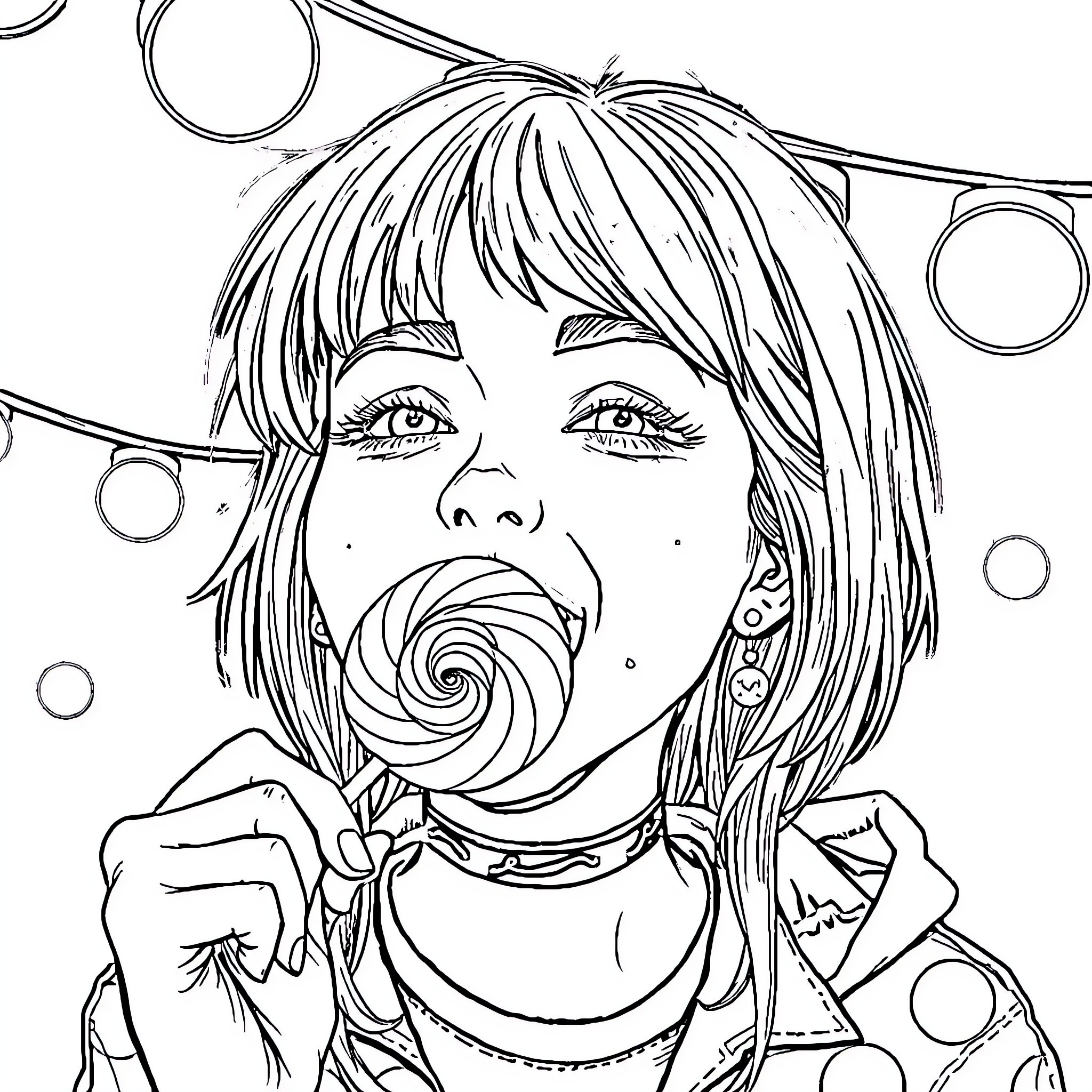 Billie Eilish eating a colorful lollipop Coloring Page (free black-and-white line drawing printable PDF for all, from beginners to advanced learners, including children, teens, adults, and seniors)