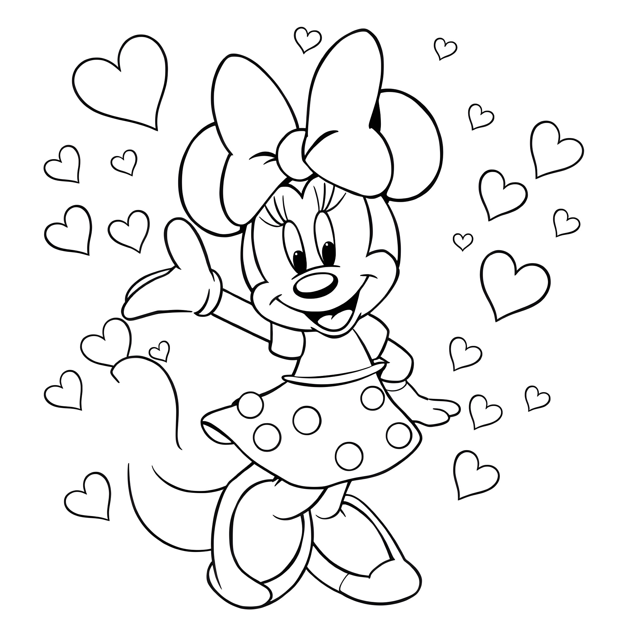 Minnie Mouse surrounded by hearts Coloring Page (free black-and-white line drawing printable PDF for all, from beginners to advanced learners, including children, teens, adults, and seniors)