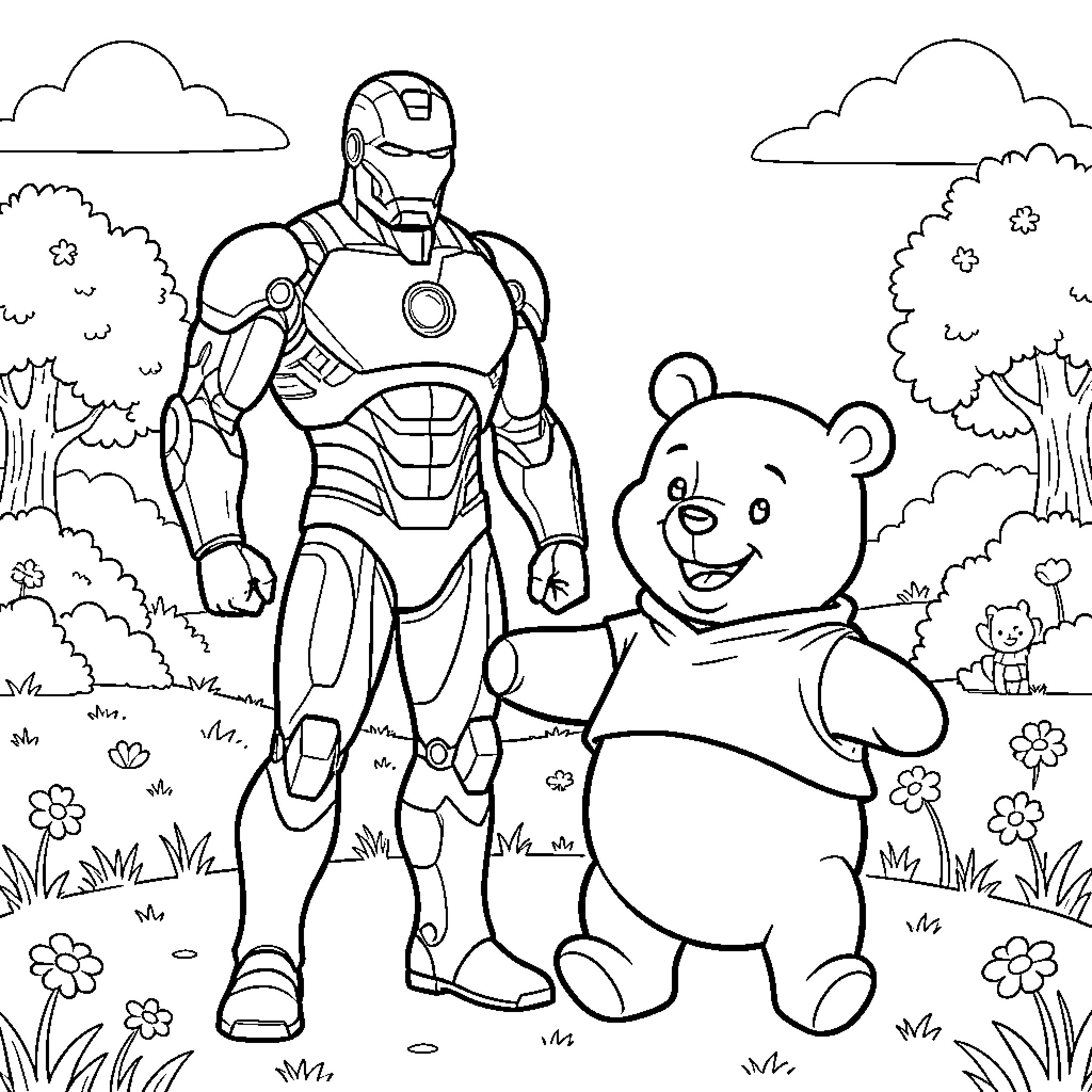 Ironman standing with a cartoon teddy bear in a nature setting Coloring Page (free black-and-white line drawing printable PDF for all, from beginners to advanced learners, including children, teens, adults, and seniors)