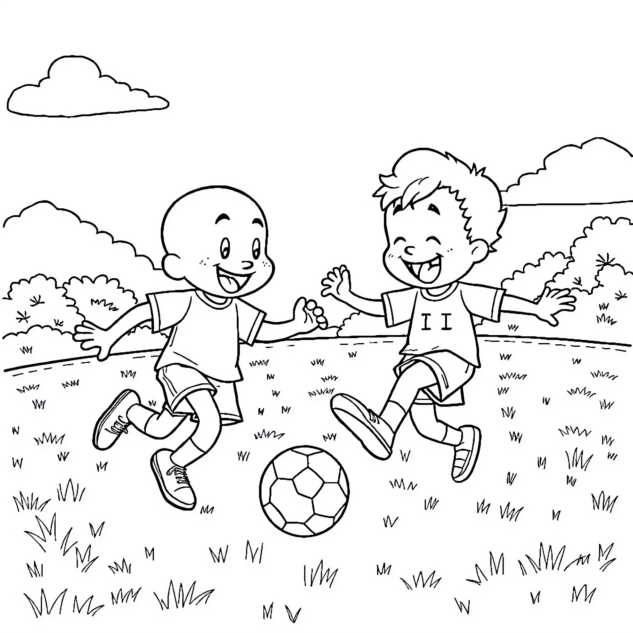 Bluey and friends playing soccer in the park Coloring Page (free black-and-white line drawing printable PDF for all, from beginners to advanced learners, including children, teens, adults, and seniors)