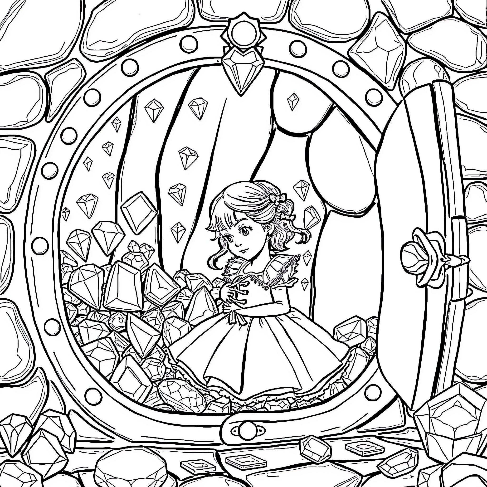 Girl Admiring Enchanted Crystals in Ornate Mirror Coloring Page (free black-and-white line drawing printable PDF for all, from beginners to advanced learners, including children, teens, adults, and seniors)