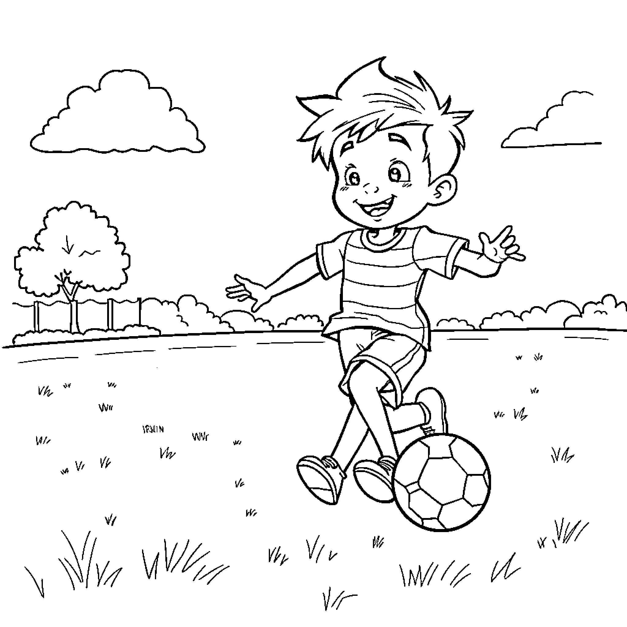 Boy playing happily with soccer ball in the park Coloring Page (free black-and-white line drawing printable PDF for all, from beginners to advanced learners, including children, teens, adults, and seniors)