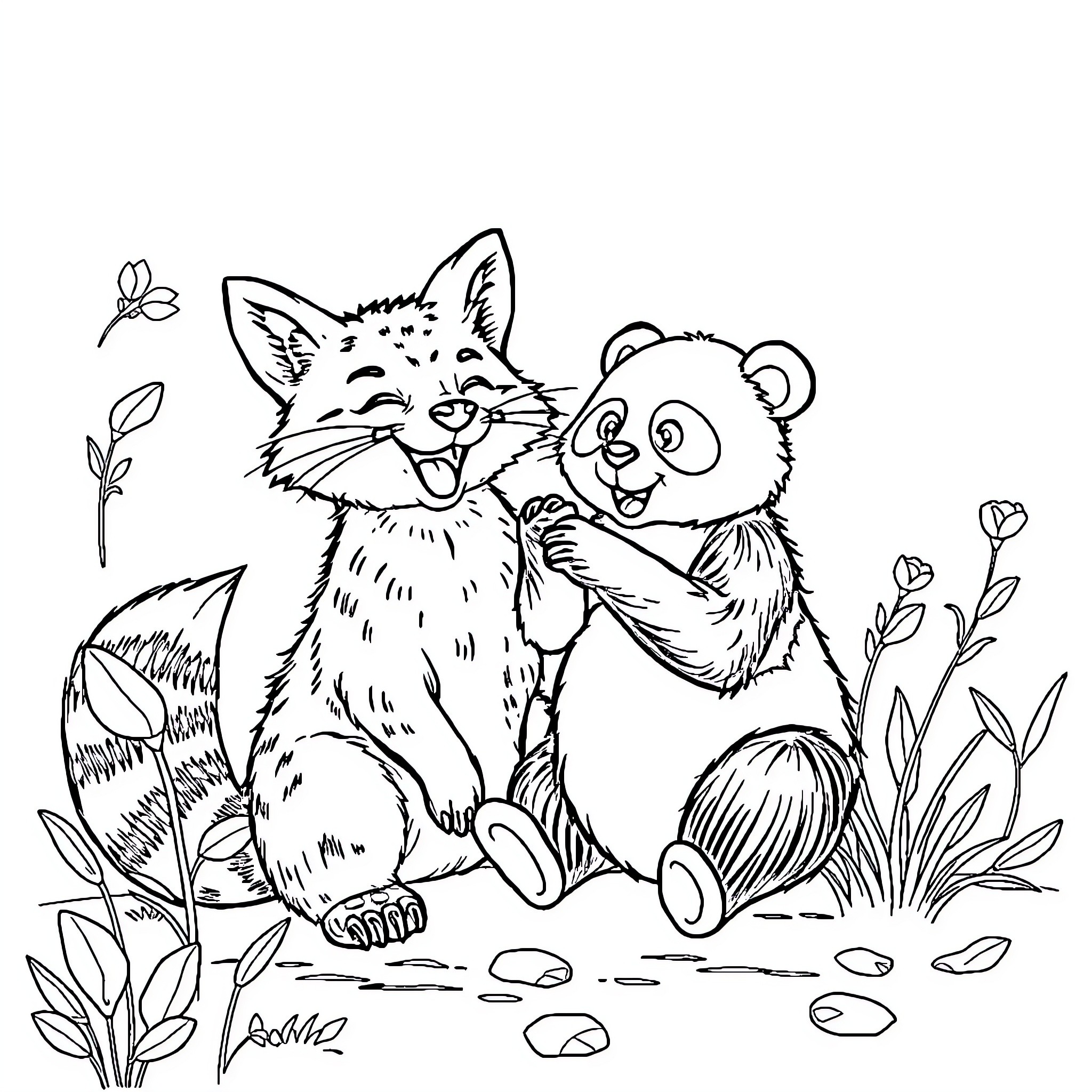 Fox and Panda playing together in nature Coloring Page (free black-and-white line drawing printable PDF for all, from beginners to advanced learners, including children, teens, adults, and seniors)