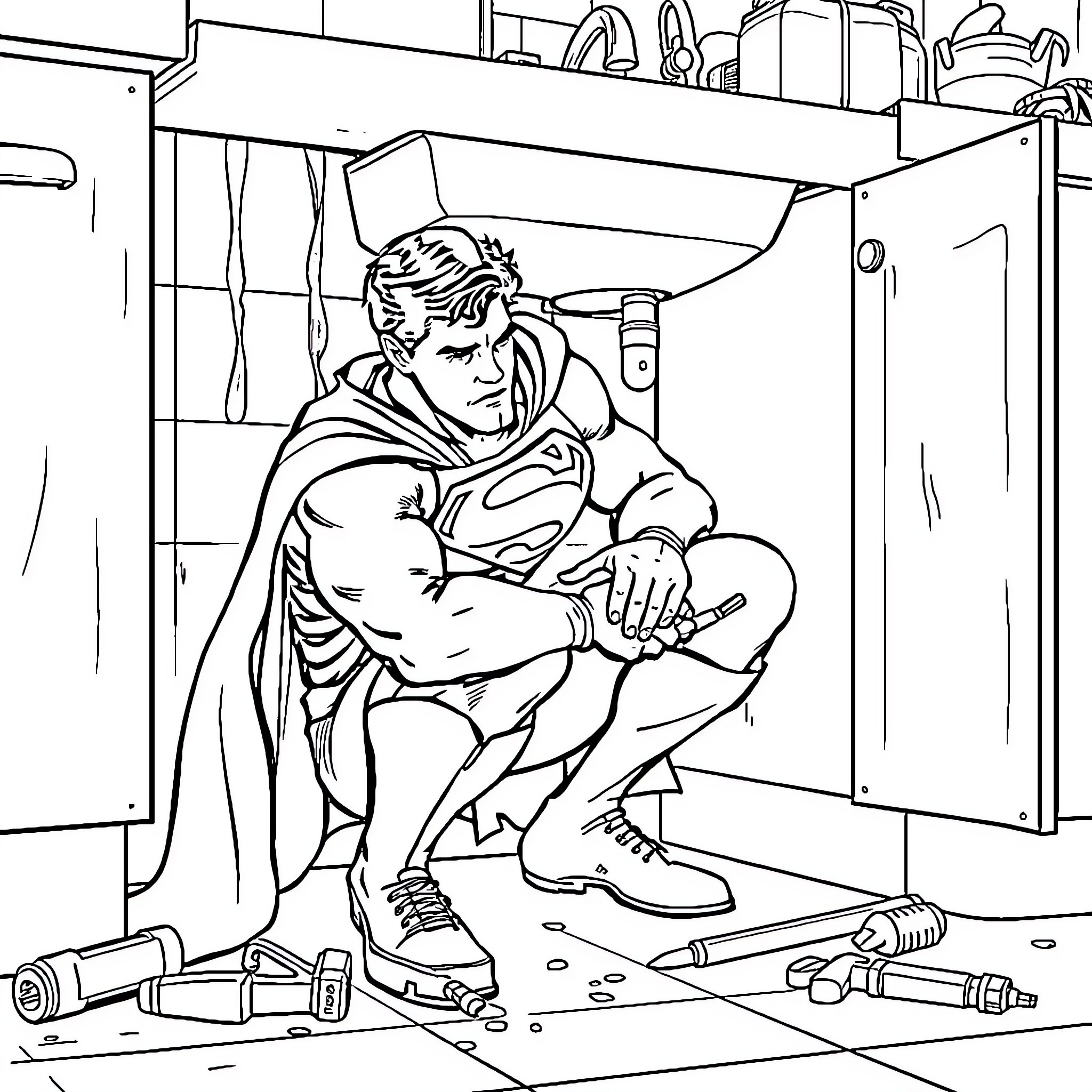 Superman fixing broken appliances in the kitchen Coloring Page (free black-and-white line drawing printable PDF for all, from beginners to advanced learners, including children, teens, adults, and seniors)