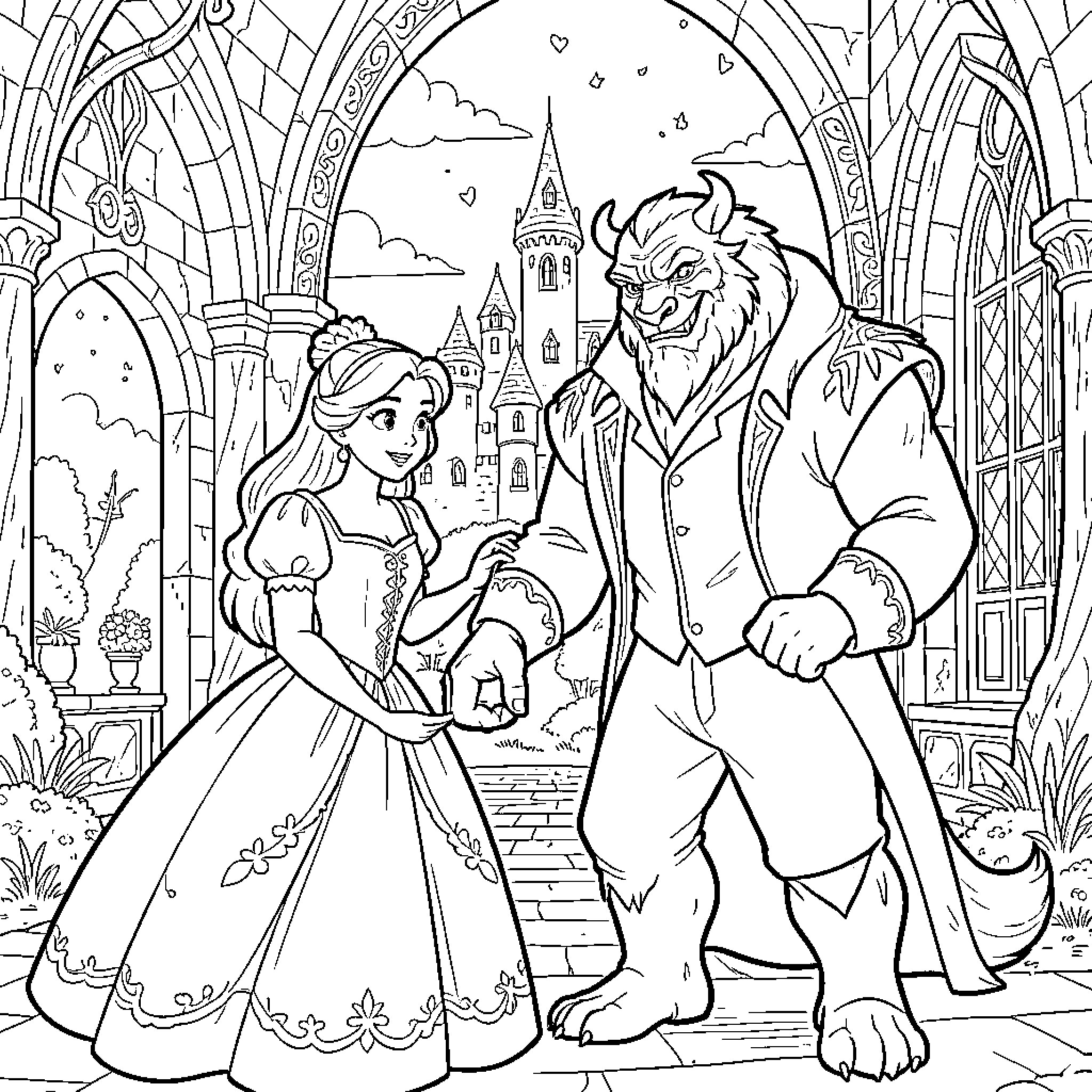 Beauty And The Beast walking together through a castle Coloring Page (free black-and-white line drawing printable PDF for all, from beginners to advanced learners, including children, teens, adults, and seniors)