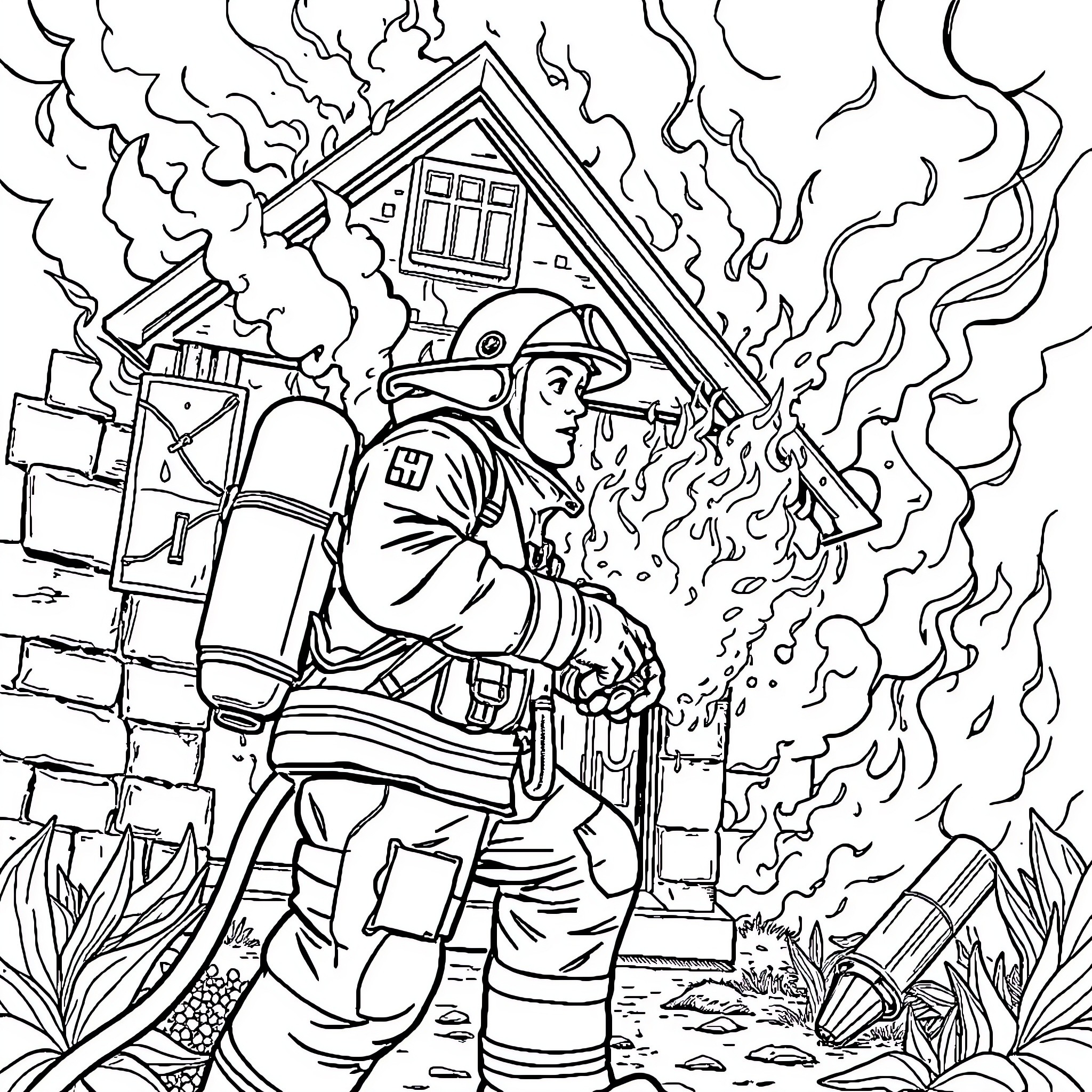 Firefighter battling a raging house fire Coloring Page (free black-and-white line drawing printable PDF for all, from beginners to advanced learners, including children, teens, adults, and seniors)