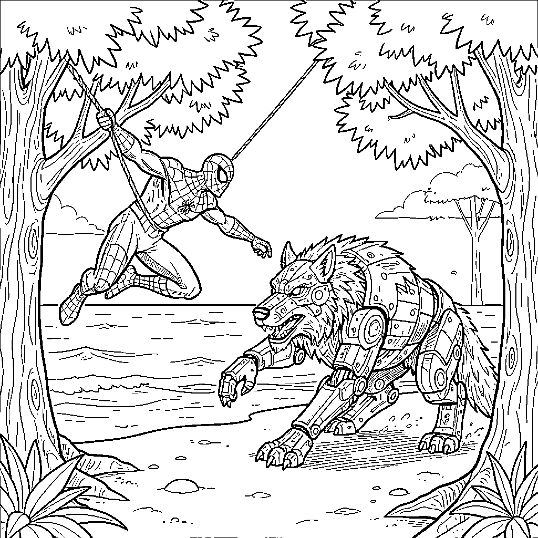Spiderman swinging through trees facing a mechanical wolf Coloring Page (free black-and-white line drawing printable PDF for all, from beginners to advanced learners, including children, teens, adults, and seniors)