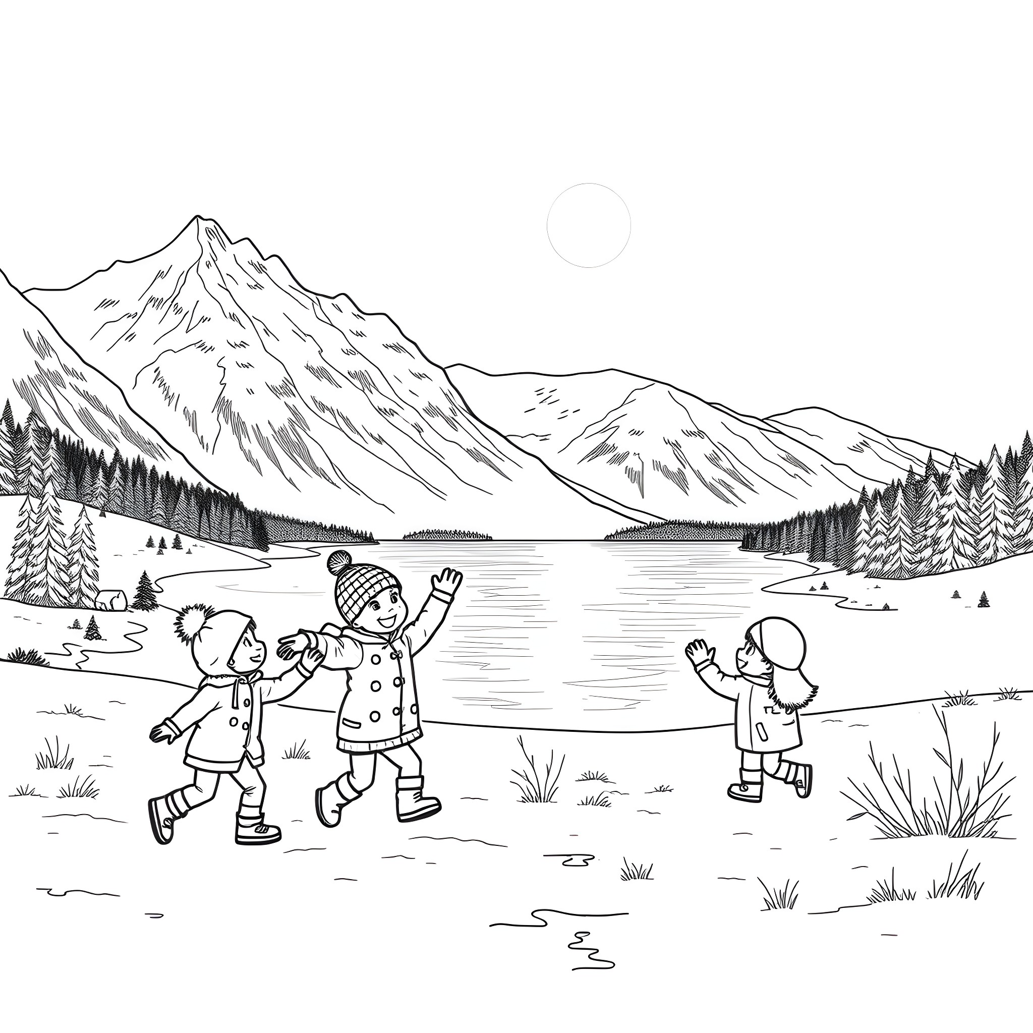 Kid Friends Explore the Snowy Mountain Landscape Coloring Page (free black-and-white line drawing printable PDF for all, from beginners to advanced learners, including children, teens, adults, and seniors)