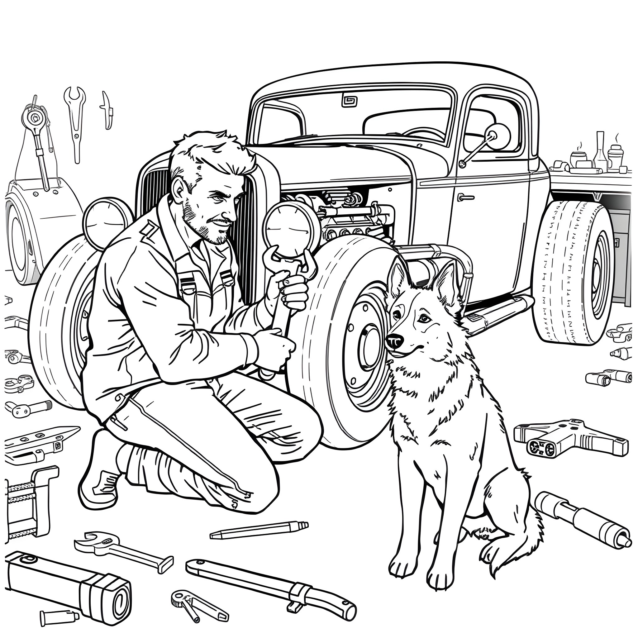 Guy working on a vintage truck with his dog Coloring Page (free black-and-white line drawing printable PDF for all, from beginners to advanced learners, including children, teens, adults, and seniors)