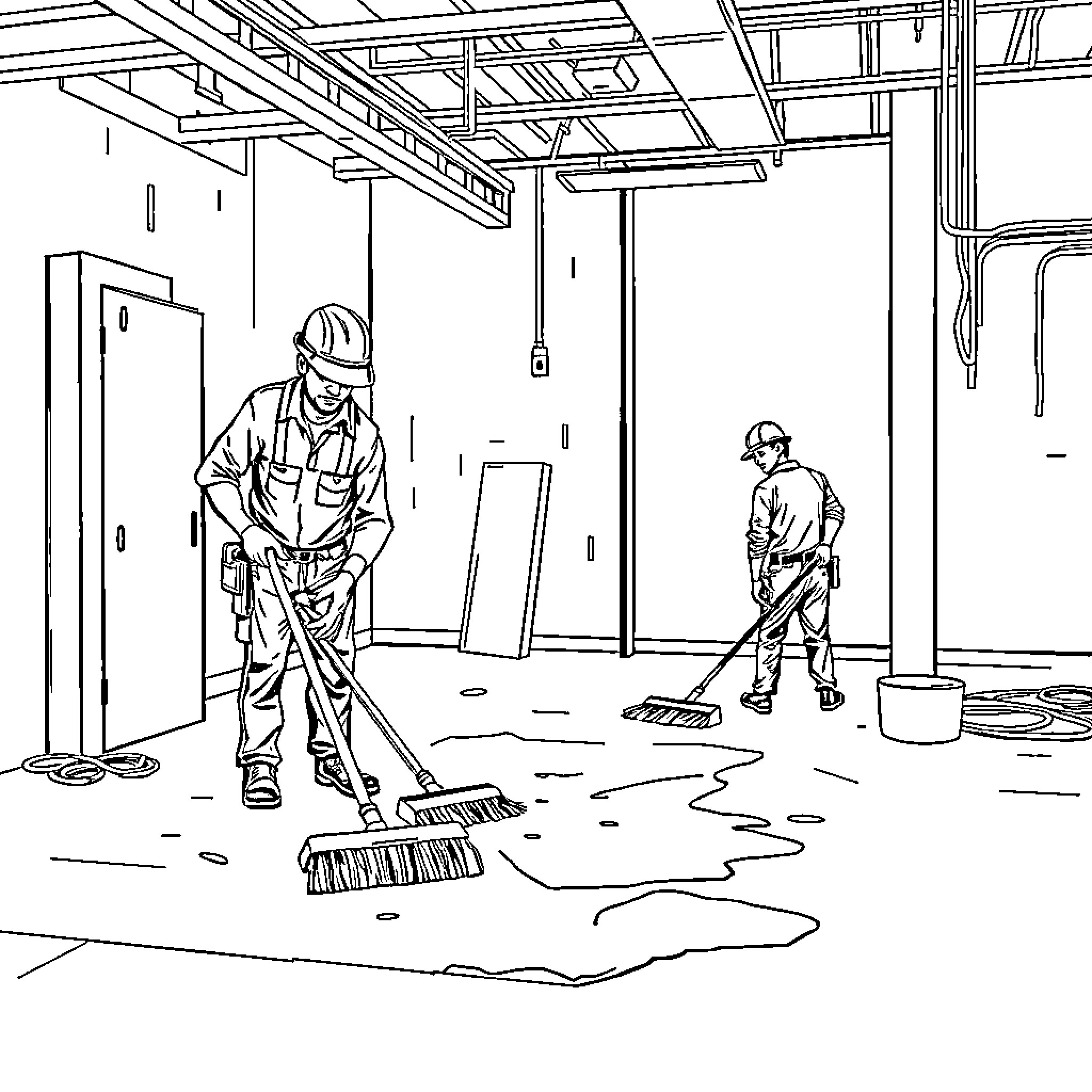 Electricians Cleaning and Maintaining Construction Site Coloring Page (free black-and-white line drawing printable PDF for all, from beginners to advanced learners, including children, teens, adults, and seniors)