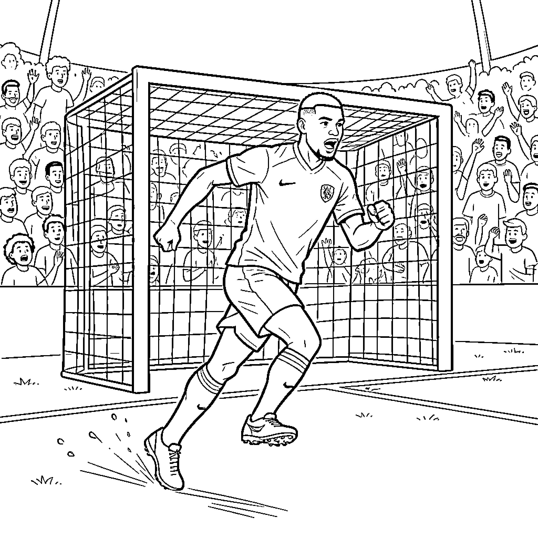 Mbappe celebrating a goal in front of the crowd Coloring Page (free black-and-white line drawing printable PDF for all, from beginners to advanced learners, including children, teens, adults, and seniors)