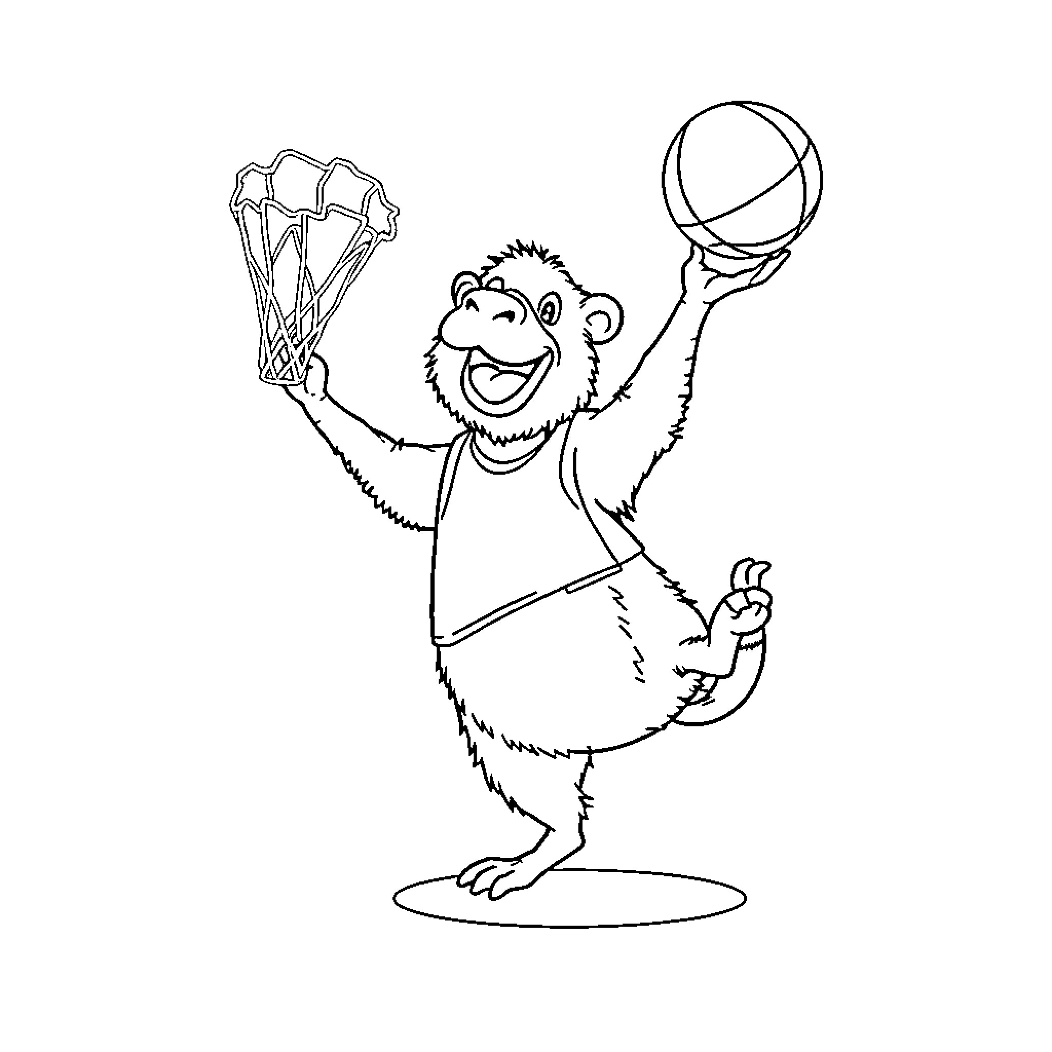 Sheep playing basketball with ball and net Coloring Page (free black-and-white line drawing printable PDF for all, from beginners to advanced learners, including children, teens, adults, and seniors)