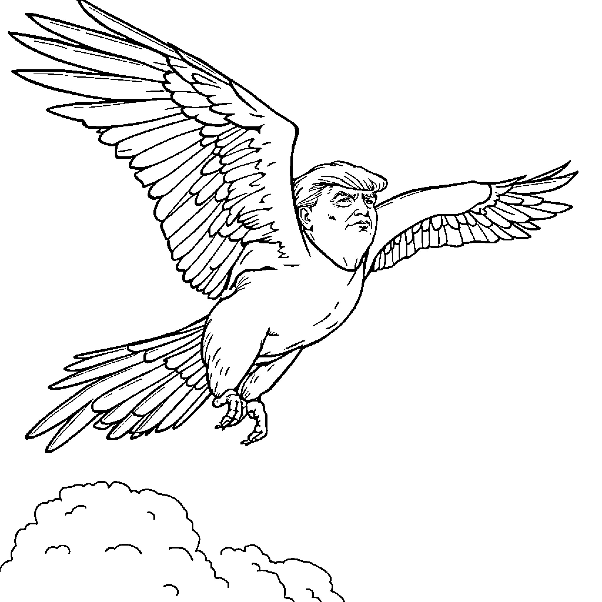 Hawk-like creature soaring in the sky Coloring Page (free black-and-white line drawing printable PDF for all, from beginners to advanced learners, including children, teens, adults, and seniors)