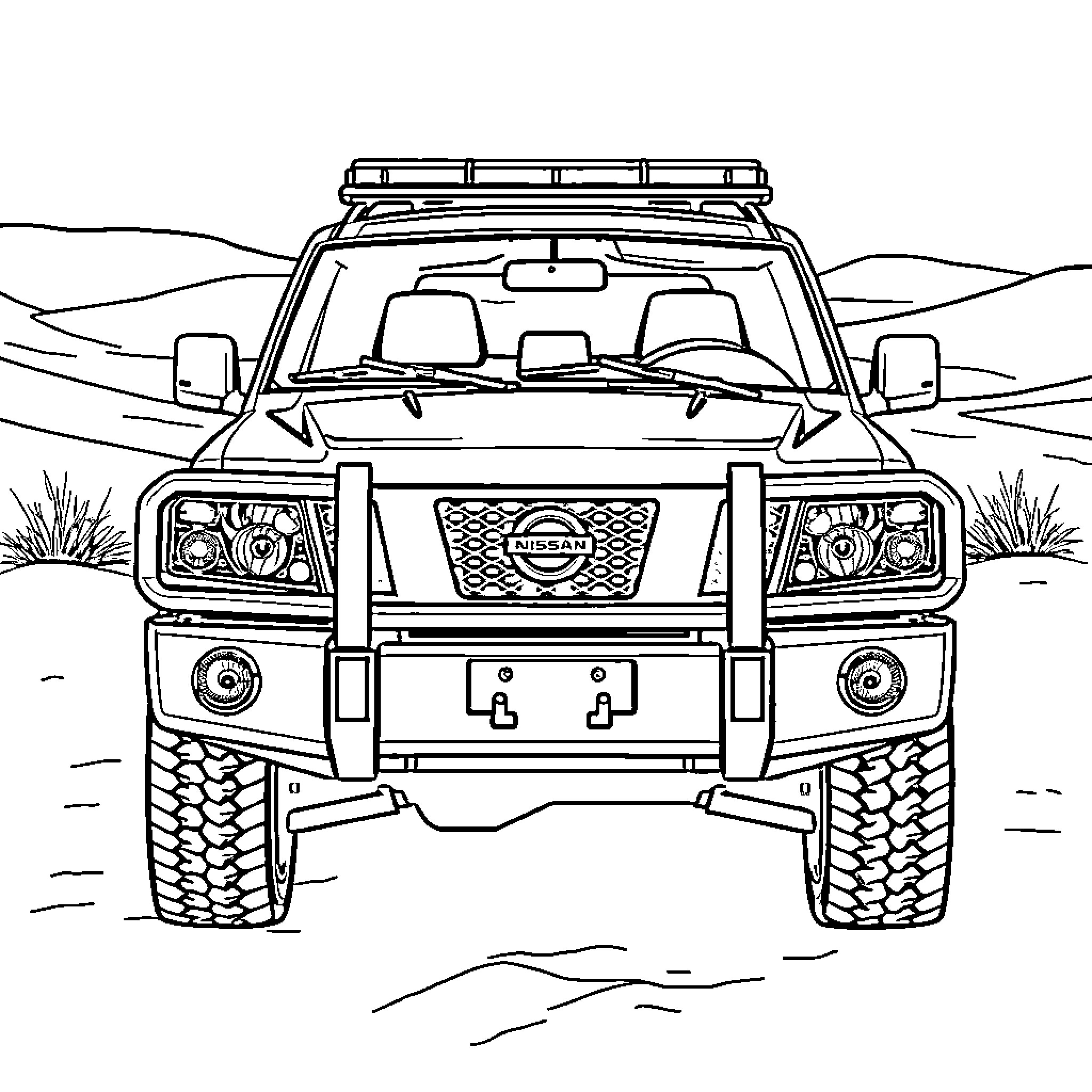 Nissan Patrol off-road adventure vehicle in the desert Coloring Page (free black-and-white line drawing printable PDF for all, from beginners to advanced learners, including children, teens, adults, and seniors)