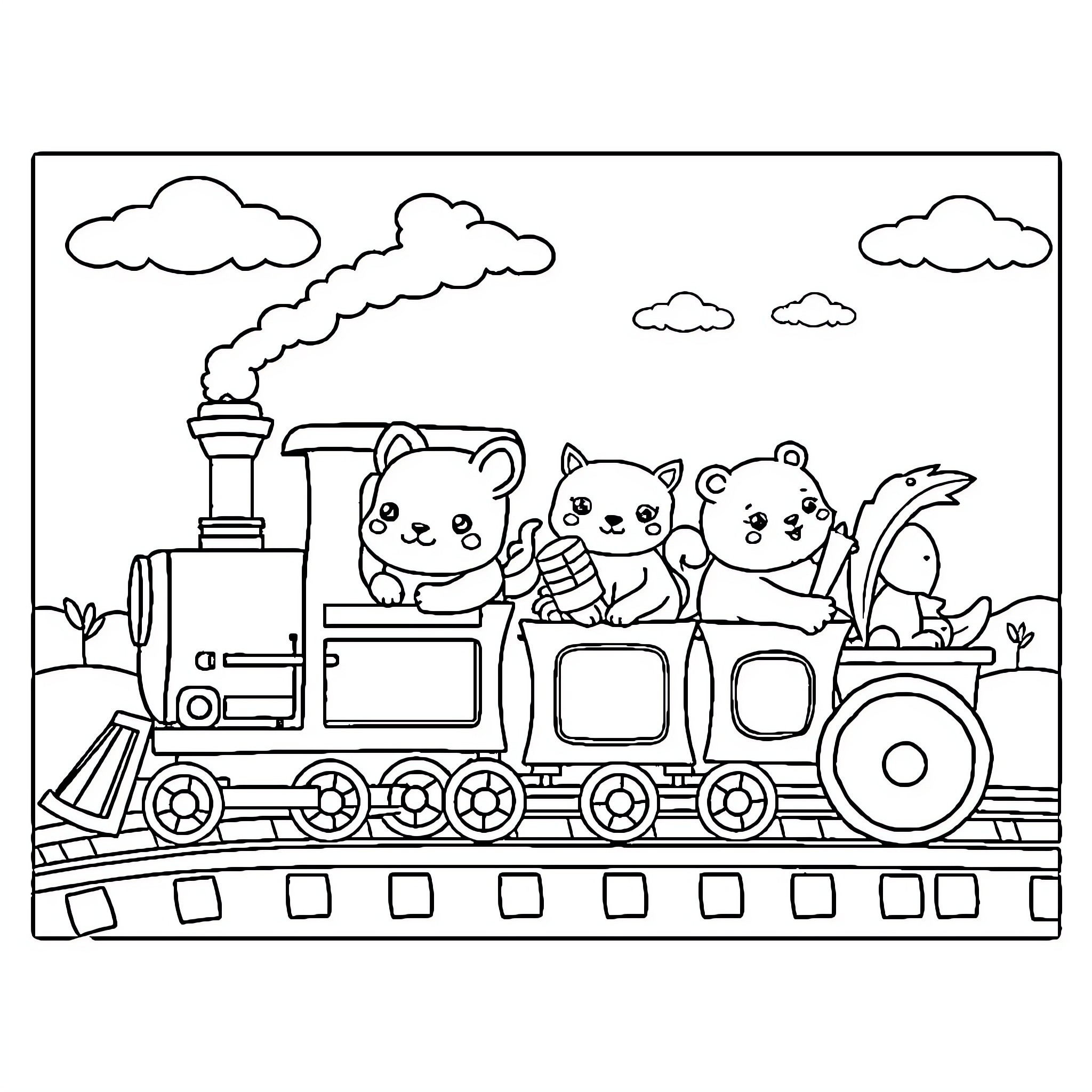 Animal passengers riding a whimsical train Coloring Page (free black-and-white line drawing printable PDF for all, from beginners to advanced learners, including children, teens, adults, and seniors)