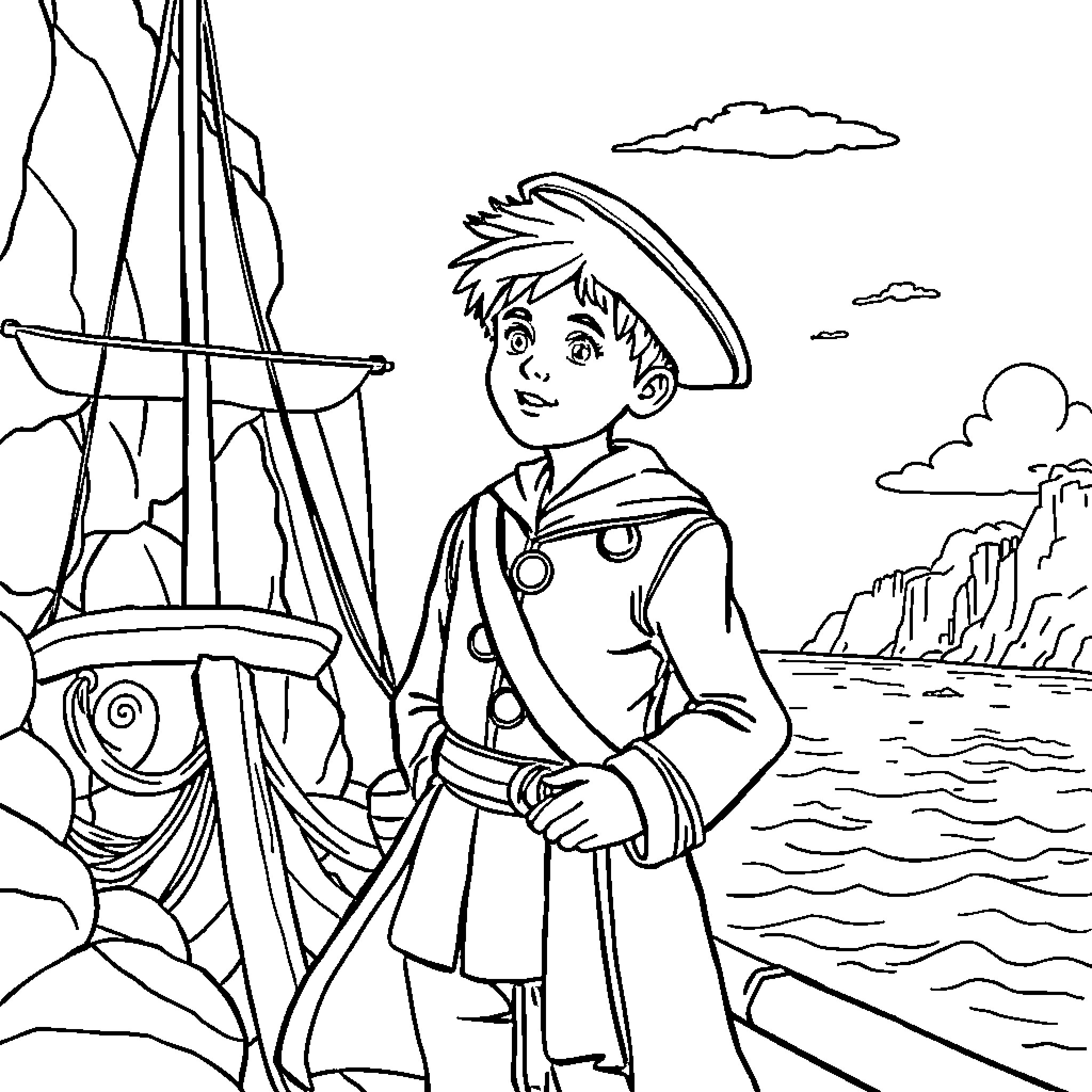 Boy dressed as a pirate on a ship Coloring Page (free black-and-white line drawing printable PDF for all, from beginners to advanced learners, including children, teens, adults, and seniors)