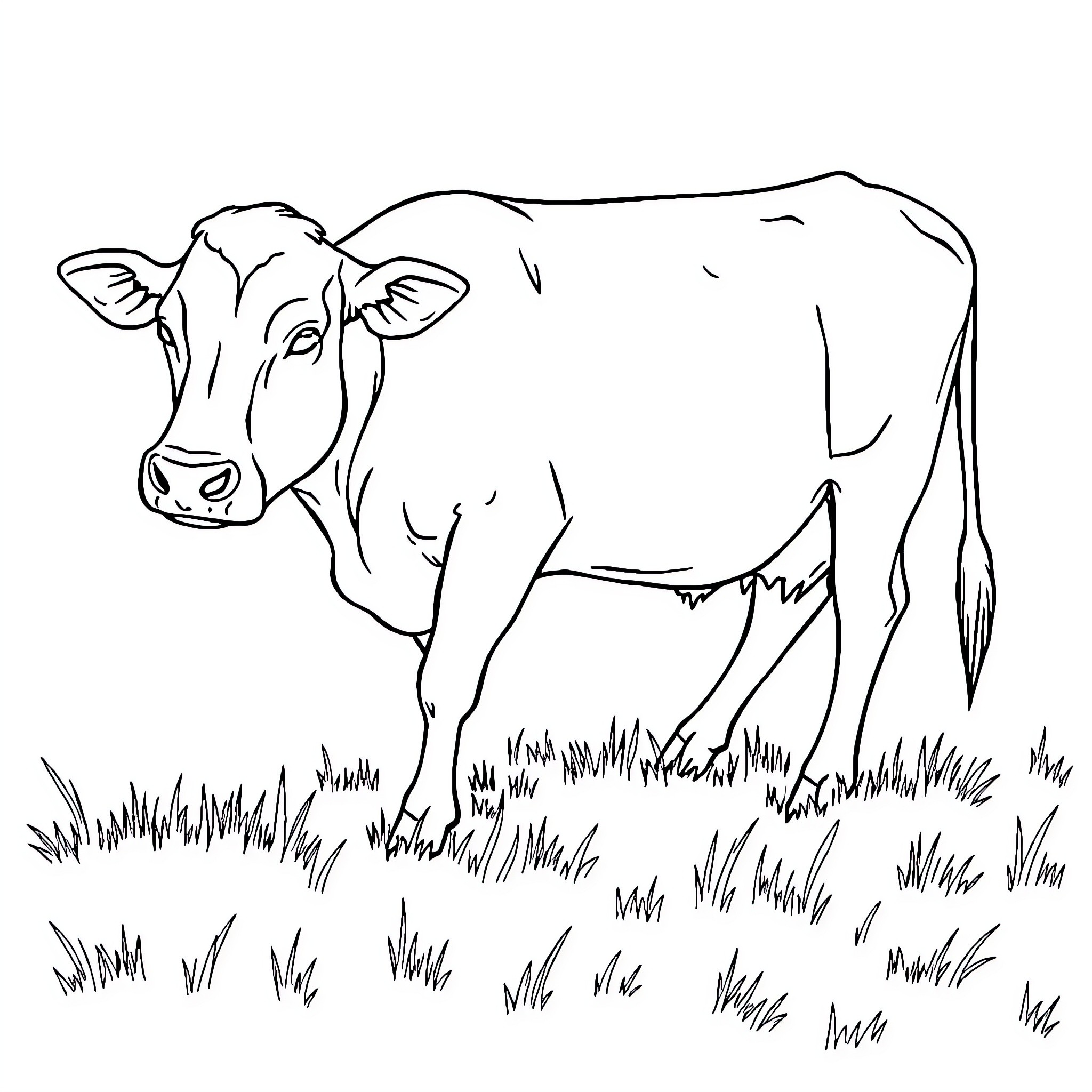 Cow standing peacefully in a grassy field Coloring Page (free black-and-white line drawing printable PDF for all, from beginners to advanced learners, including children, teens, adults, and seniors)