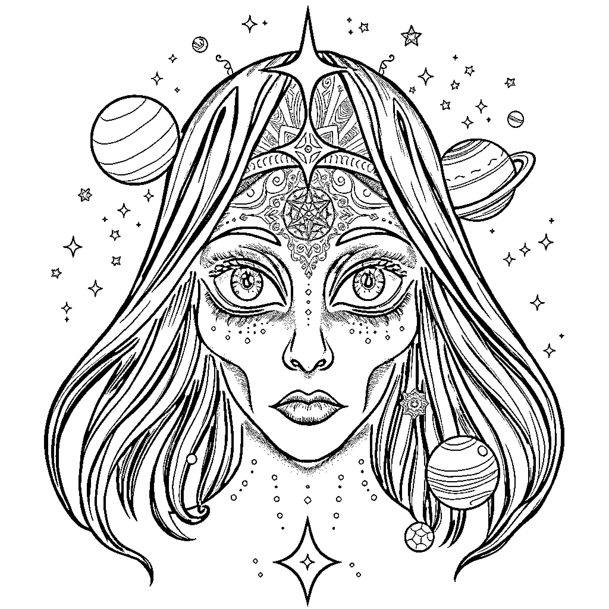 Oracle of the Celestial Realm Coloring Page (free black-and-white line drawing printable PDF for all, from beginners to advanced learners, including children, teens, adults, and seniors)