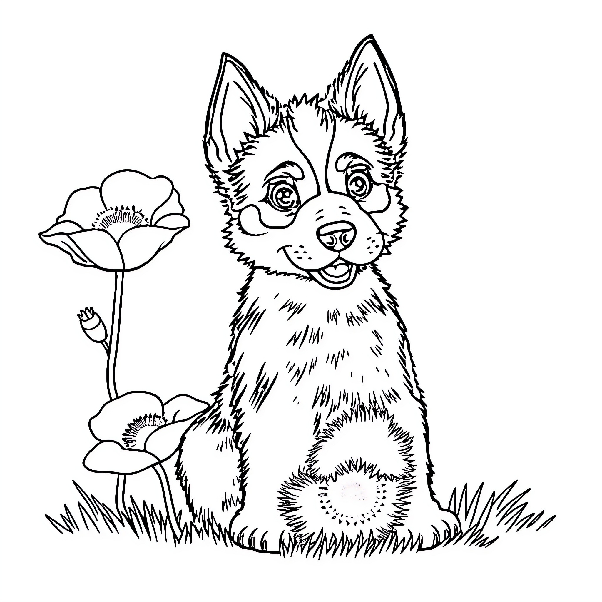Bluey enjoying the outdoors with flowers Coloring Page (free black-and-white line drawing printable PDF for all, from beginners to advanced learners, including children, teens, adults, and seniors)