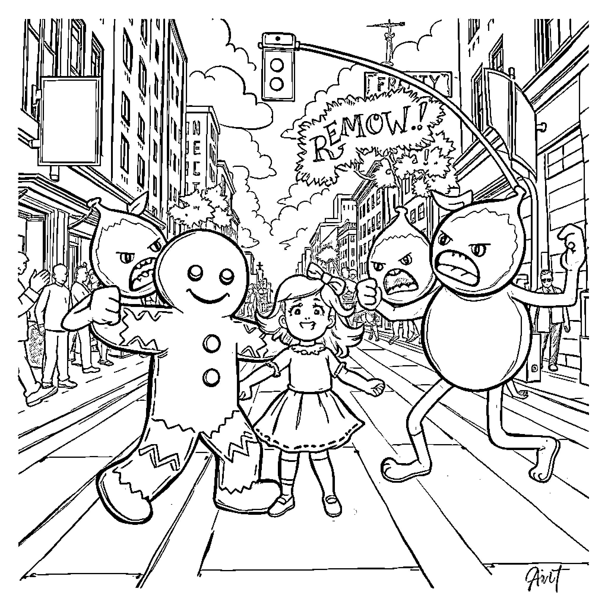 Gingerbread Man in Chaotic Urban Scene Coloring Page (free black-and-white line drawing printable PDF for all, from beginners to advanced learners, including children, teens, adults, and seniors)