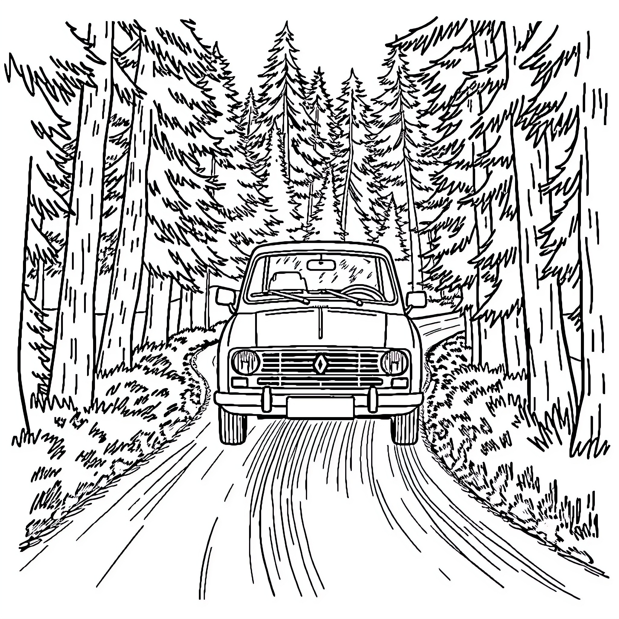 Renault 5 Driving Through Forested Mountain Road Coloring Page (free black-and-white line drawing printable PDF for all, from beginners to advanced learners, including children, teens, adults, and seniors)