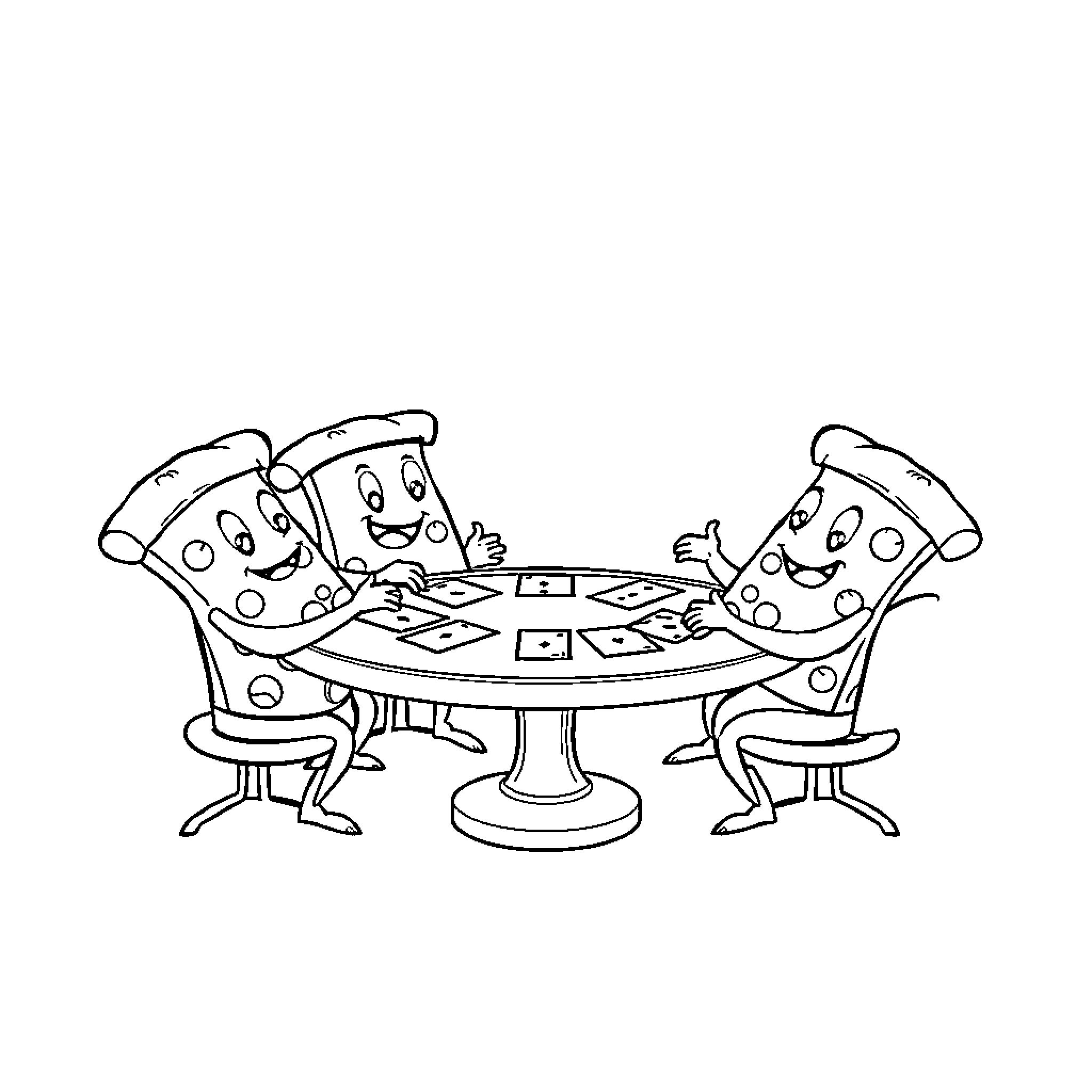 Pizza-themed cartoon characters enjoying a meal together Coloring Page (free black-and-white line drawing printable PDF for all, from beginners to advanced learners, including children, teens, adults, and seniors)