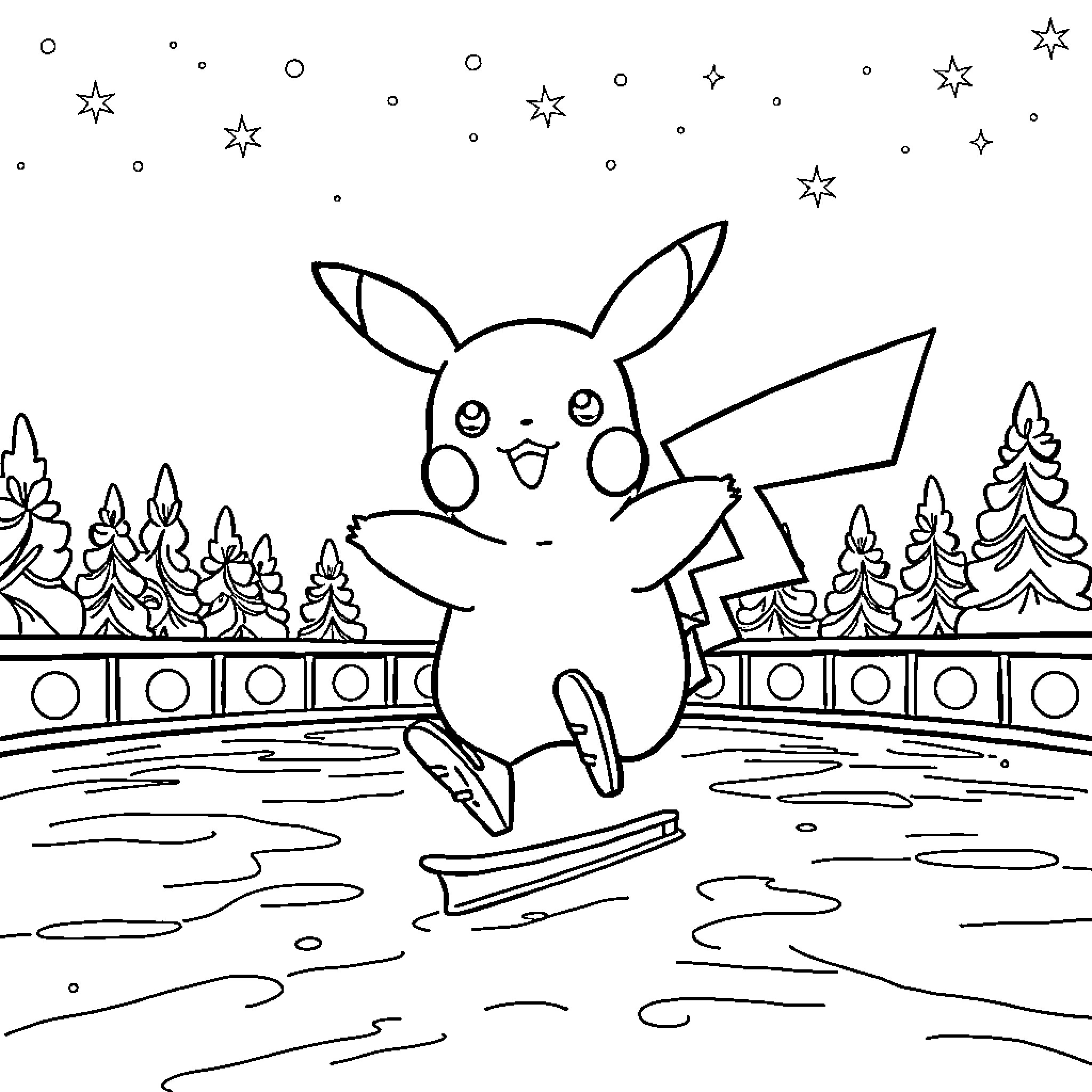 Pikachu frolicking on a snowy landscape Coloring Page (free black-and-white line drawing printable PDF for all, from beginners to advanced learners, including children, teens, adults, and seniors)