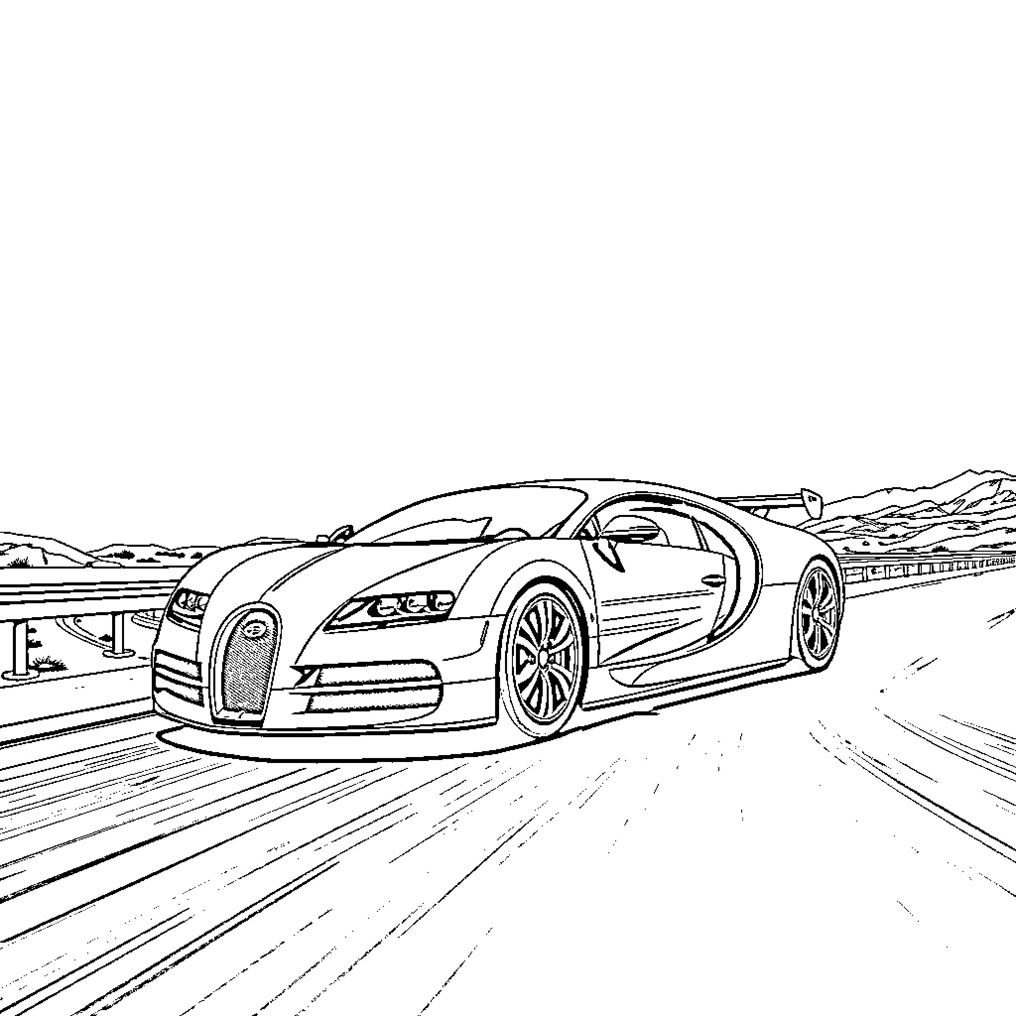 Bugatti supercar speeding down the track Coloring Page (free black-and-white line drawing printable PDF for all, from beginners to advanced learners, including children, teens, adults, and seniors)