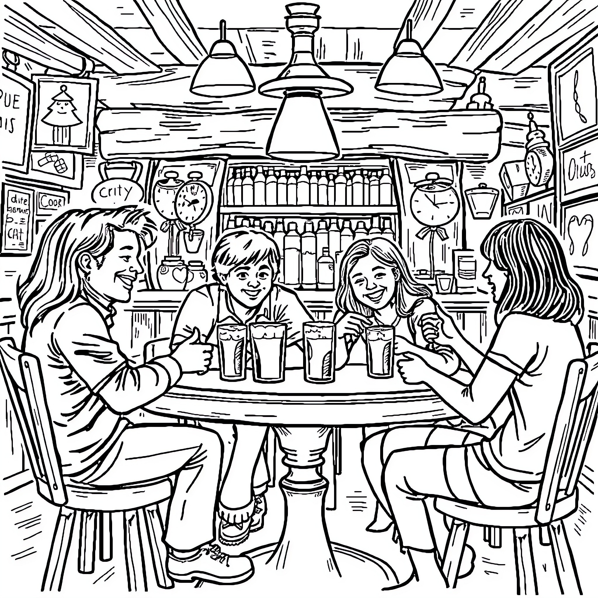 Family Enjoying Refreshments at the Cafe Coloring Page (free black-and-white line drawing printable PDF for all, from beginners to advanced learners, including children, teens, adults, and seniors)