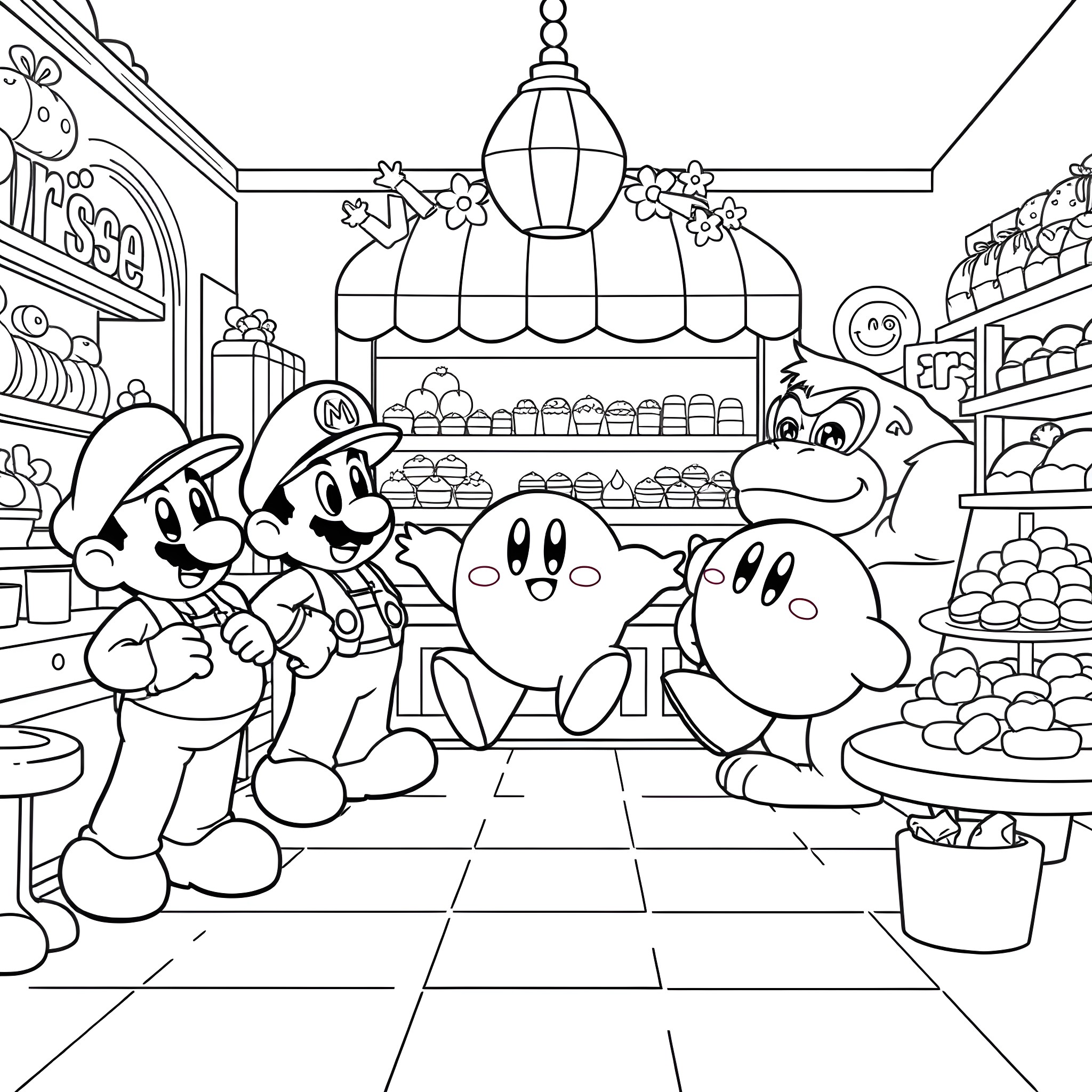 Kirby and friends explore a whimsical bakery Coloring Page (free black-and-white line drawing printable PDF for all, from beginners to advanced learners, including children, teens, adults, and seniors)