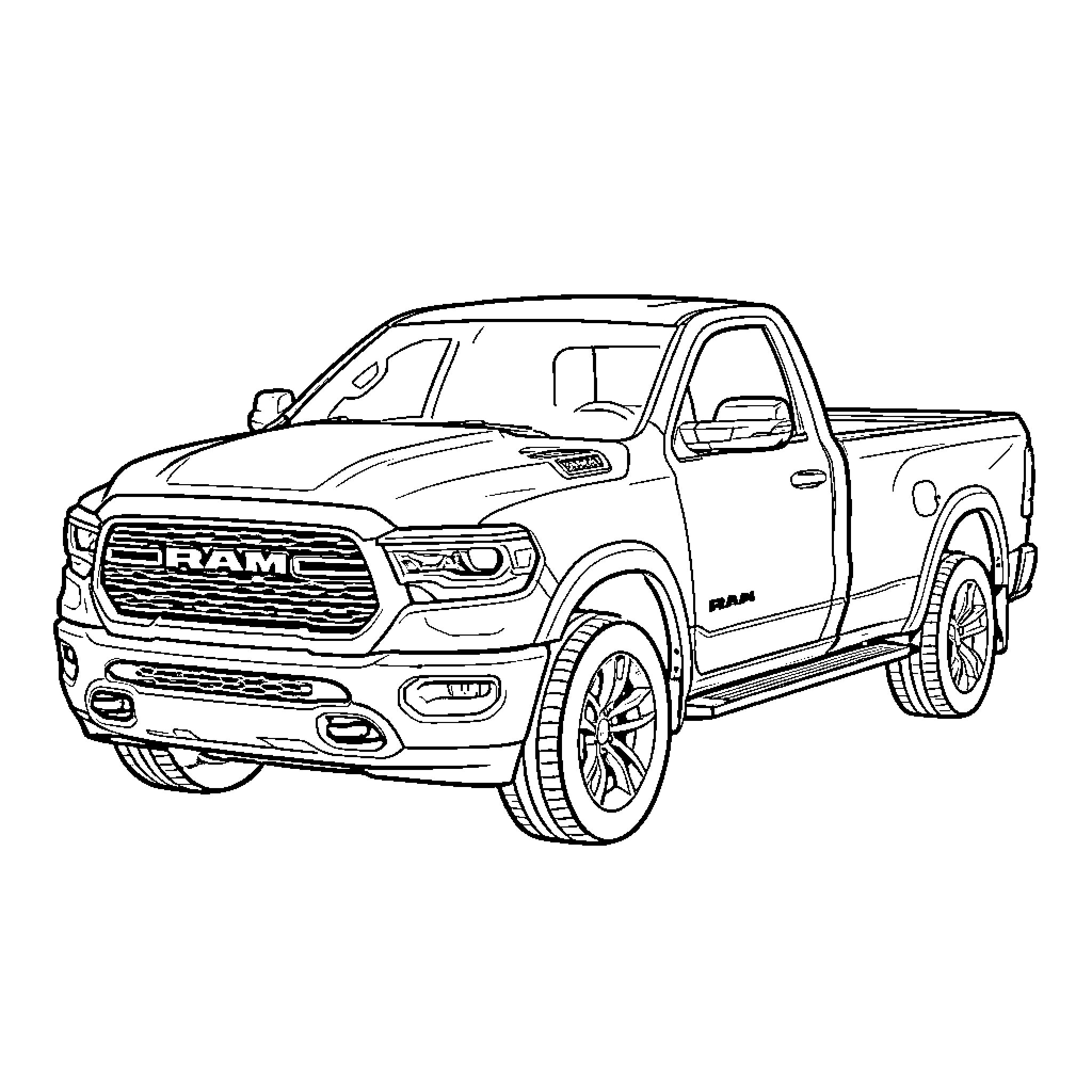 Ram pickup truck on the road Coloring Page (free black-and-white line drawing printable PDF for all, from beginners to advanced learners, including children, teens, adults, and seniors)