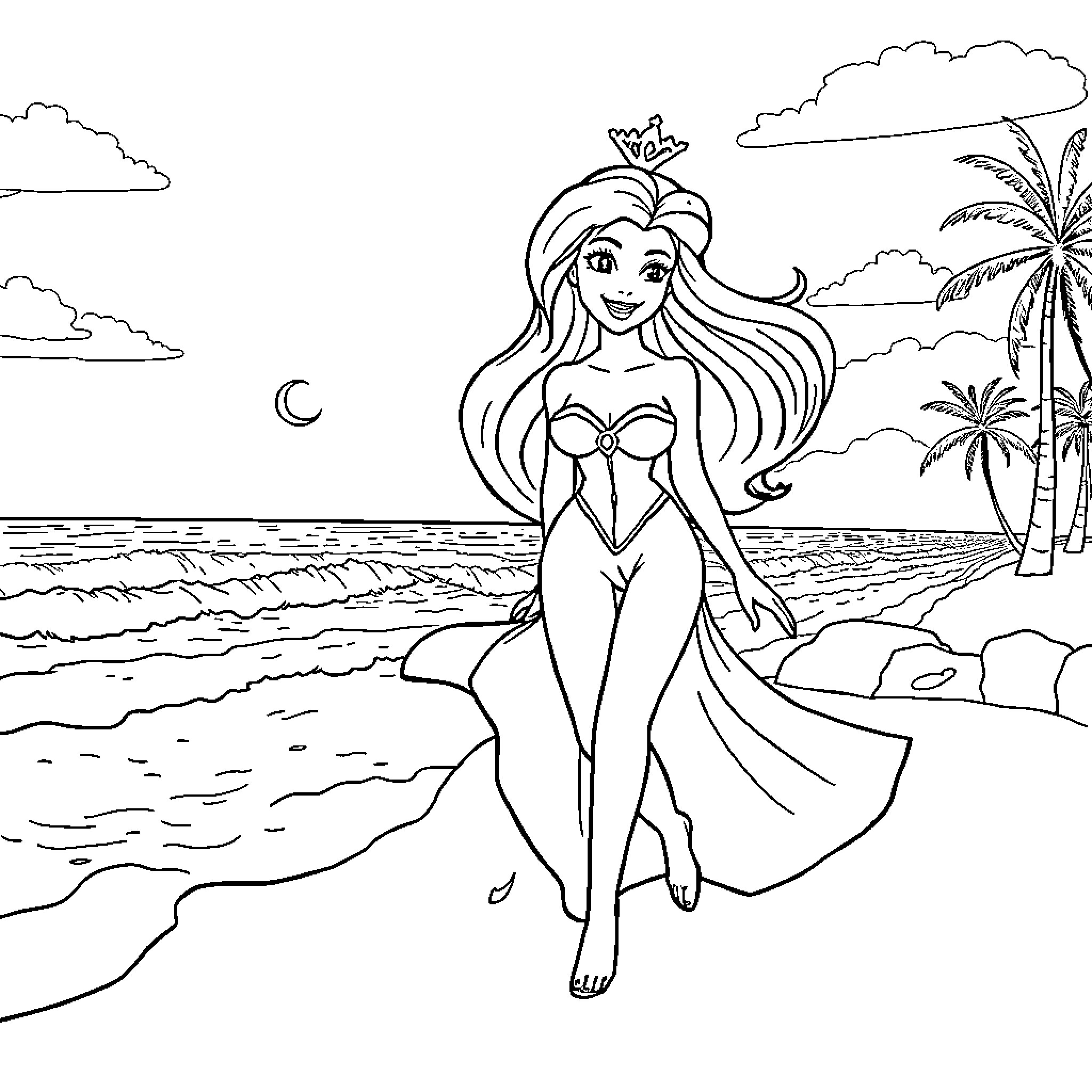 Beauty And The Beast: Princess on a Tropical Beach Coloring Page (free black-and-white line drawing printable PDF for all, from beginners to advanced learners, including children, teens, adults, and seniors)