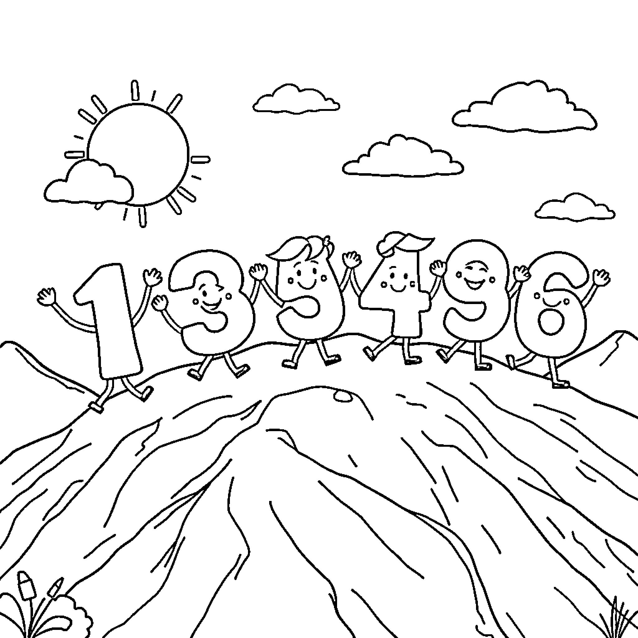 Number Cartoon Characters Climbing a Hill Coloring Page (free black-and-white line drawing printable PDF for all, from beginners to advanced learners, including children, teens, adults, and seniors)