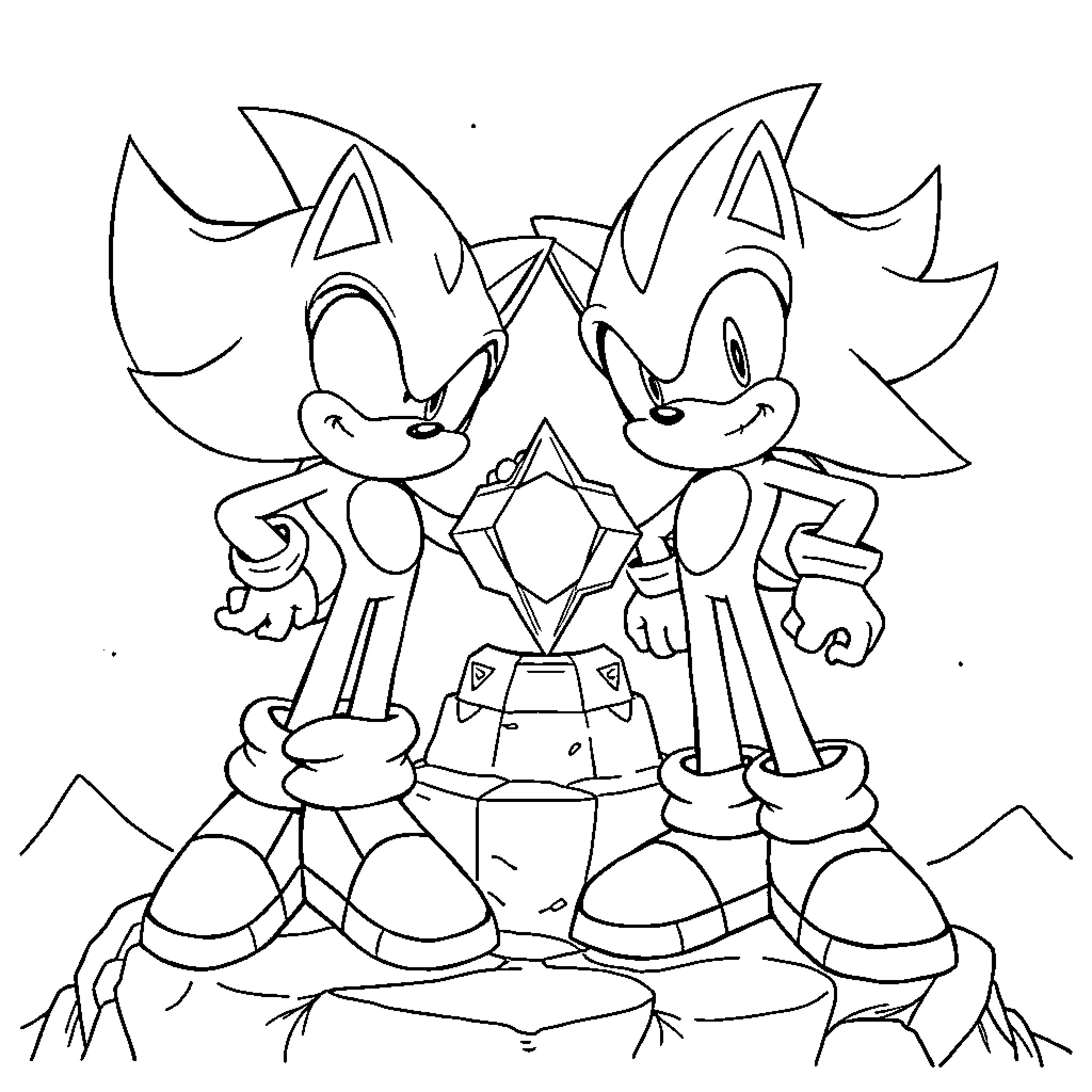 Sonic Heroes Sharing a Precious Moment Coloring Page (free black-and-white line drawing printable PDF for all, from beginners to advanced learners, including children, teens, adults, and seniors)
