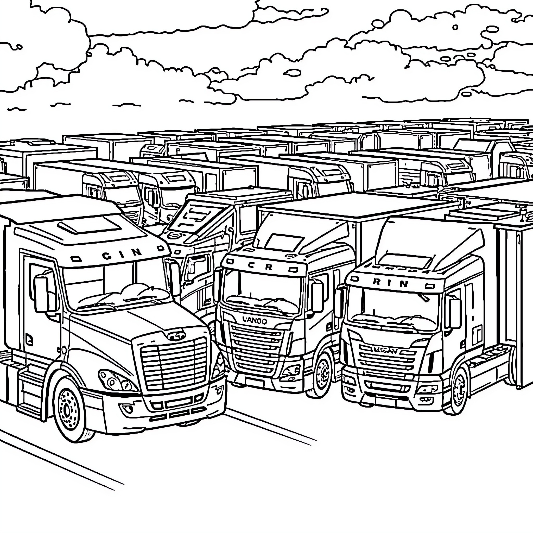 Truck Convoy of Cargo Vehicles on the Road Coloring Page (free black-and-white line drawing printable PDF for all, from beginners to advanced learners, including children, teens, adults, and seniors)