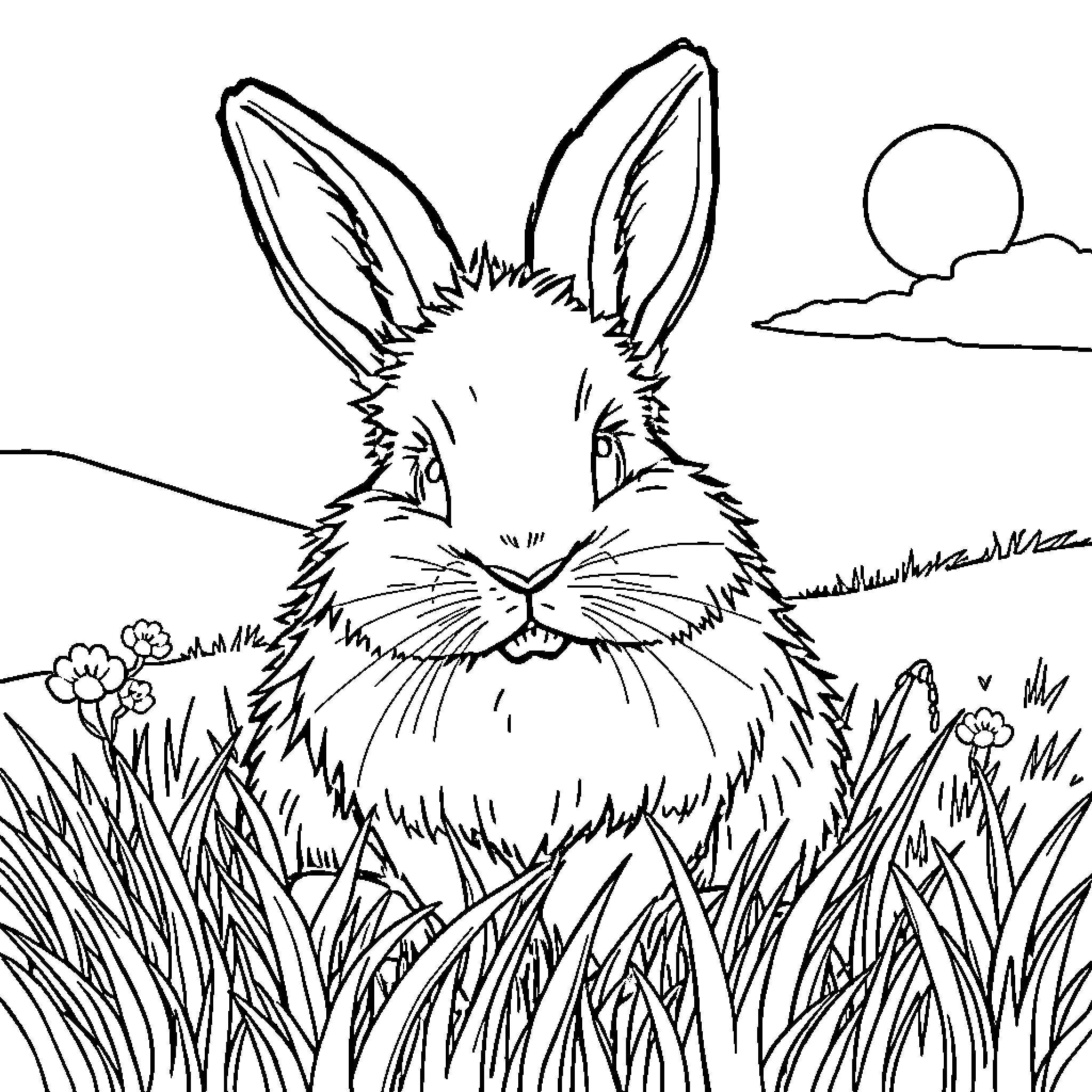 Rabbit resting peacefully in the field Coloring Page (free black-and-white line drawing printable PDF for all, from beginners to advanced learners, including children, teens, adults, and seniors)