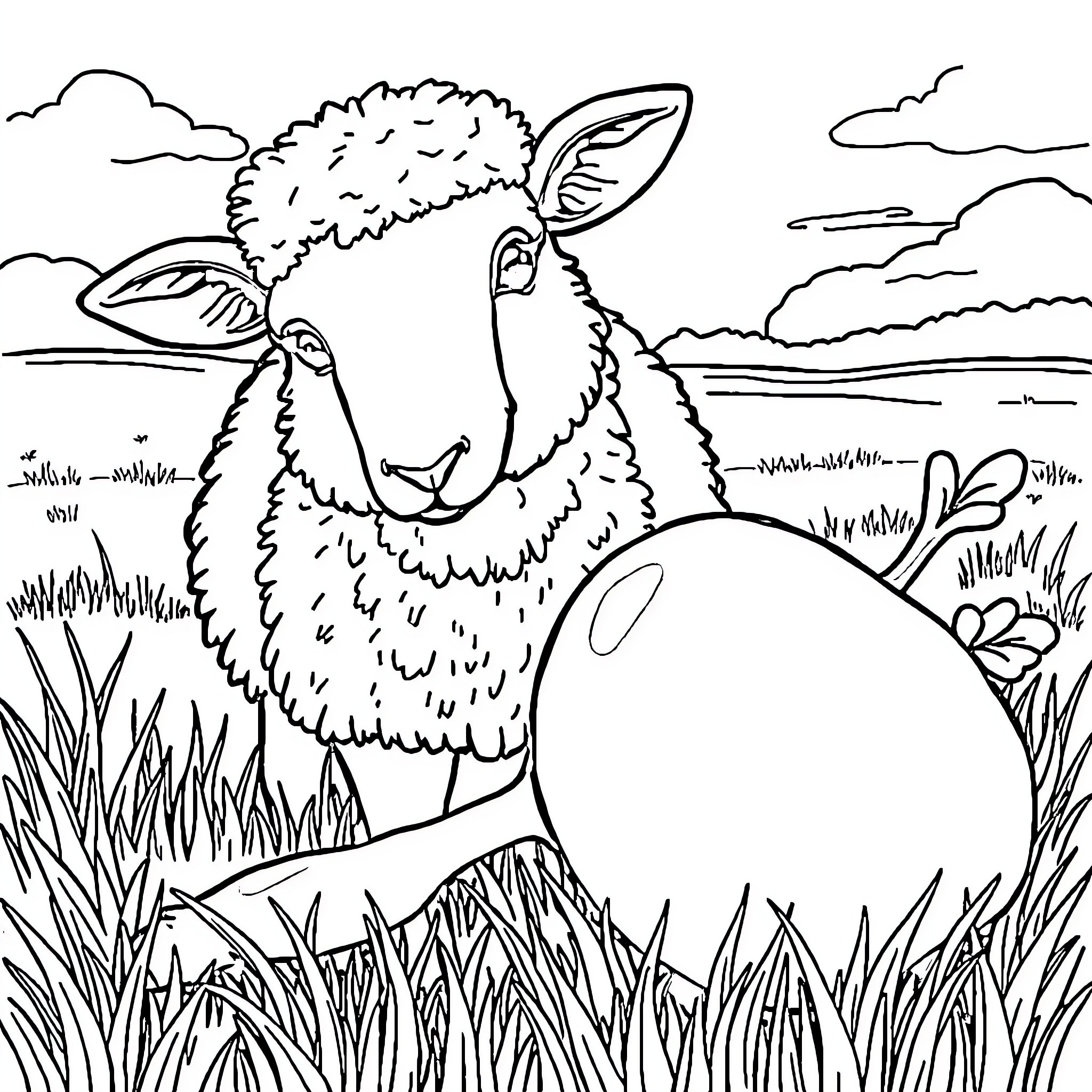Sheep resting peacefully in a scenic meadow Coloring Page (free black-and-white line drawing printable PDF for all, from beginners to advanced learners, including children, teens, adults, and seniors)
