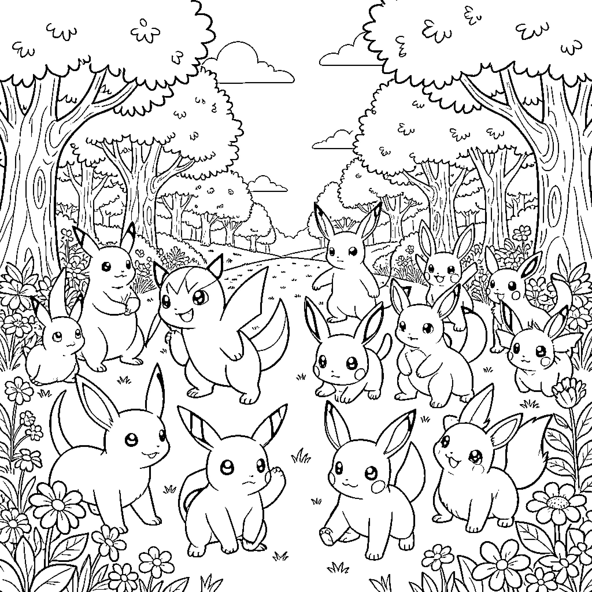 Pokémon Bunnies Frolicking in a Woodland Scene Coloring Page (free black-and-white line drawing printable PDF for all, from beginners to advanced learners, including children, teens, adults, and seniors)